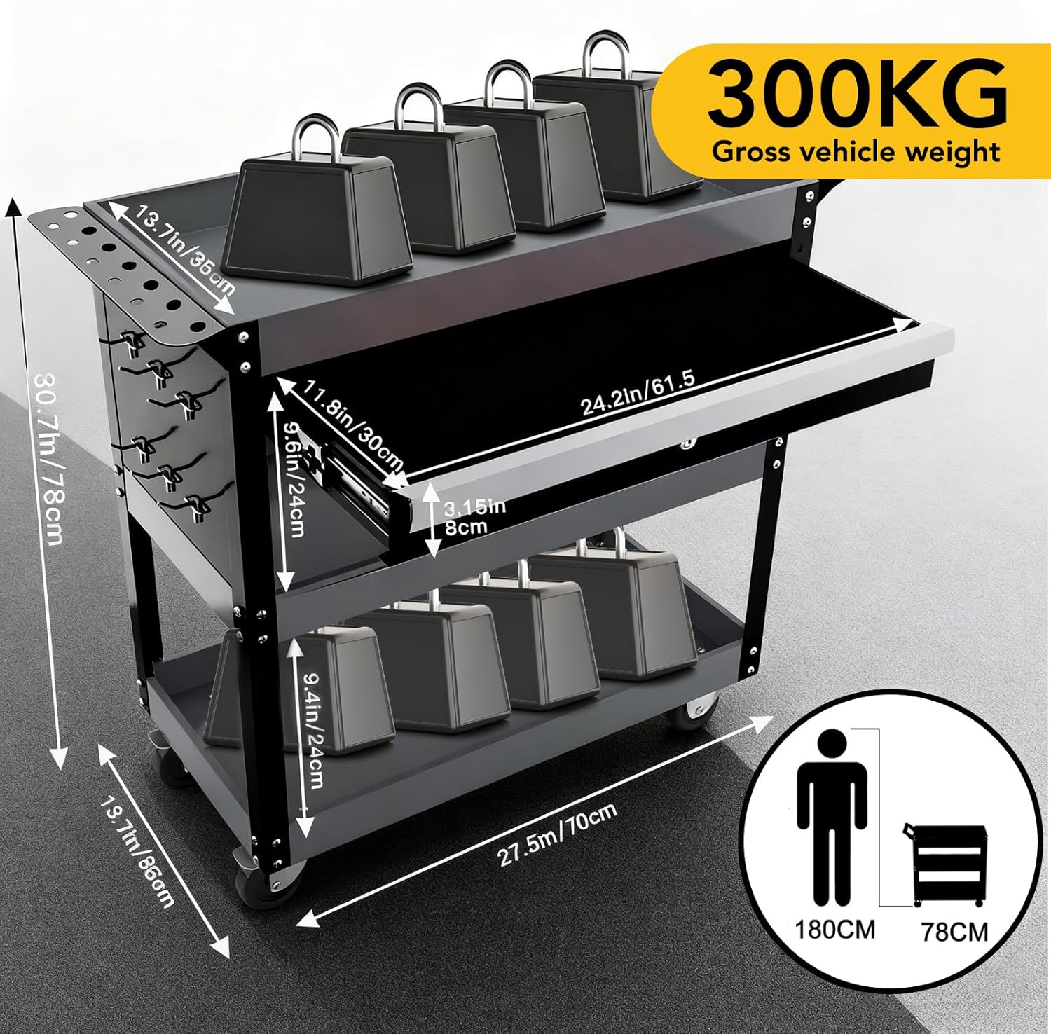 Tool Cart,27.5" 3 Tier Tool Cart on Wheels,Utility Industrial Service Cart with Drawers,Pegboard and Locking System,Suitable for Garage,Warehouse,Mechanic,440LBS Load,Black