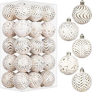 SY Super Bang 6CM/2.36" Christmas Ball Ornaments Set, 30PCS Gold/White Shatterproof Plastic Farmhouse Christmas Tree Hanging Decorations Antique Traditional Vintage Rustic Style Xmas Decor.