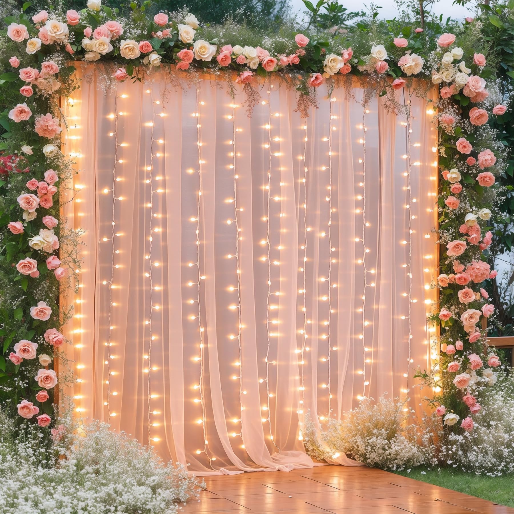 10×10ft Peach Tulle Backdrop Curtain with Lights String for Parties, Sheer Photo Curtain Backdrop Drapes for Wedding Party Photography Backgrounds