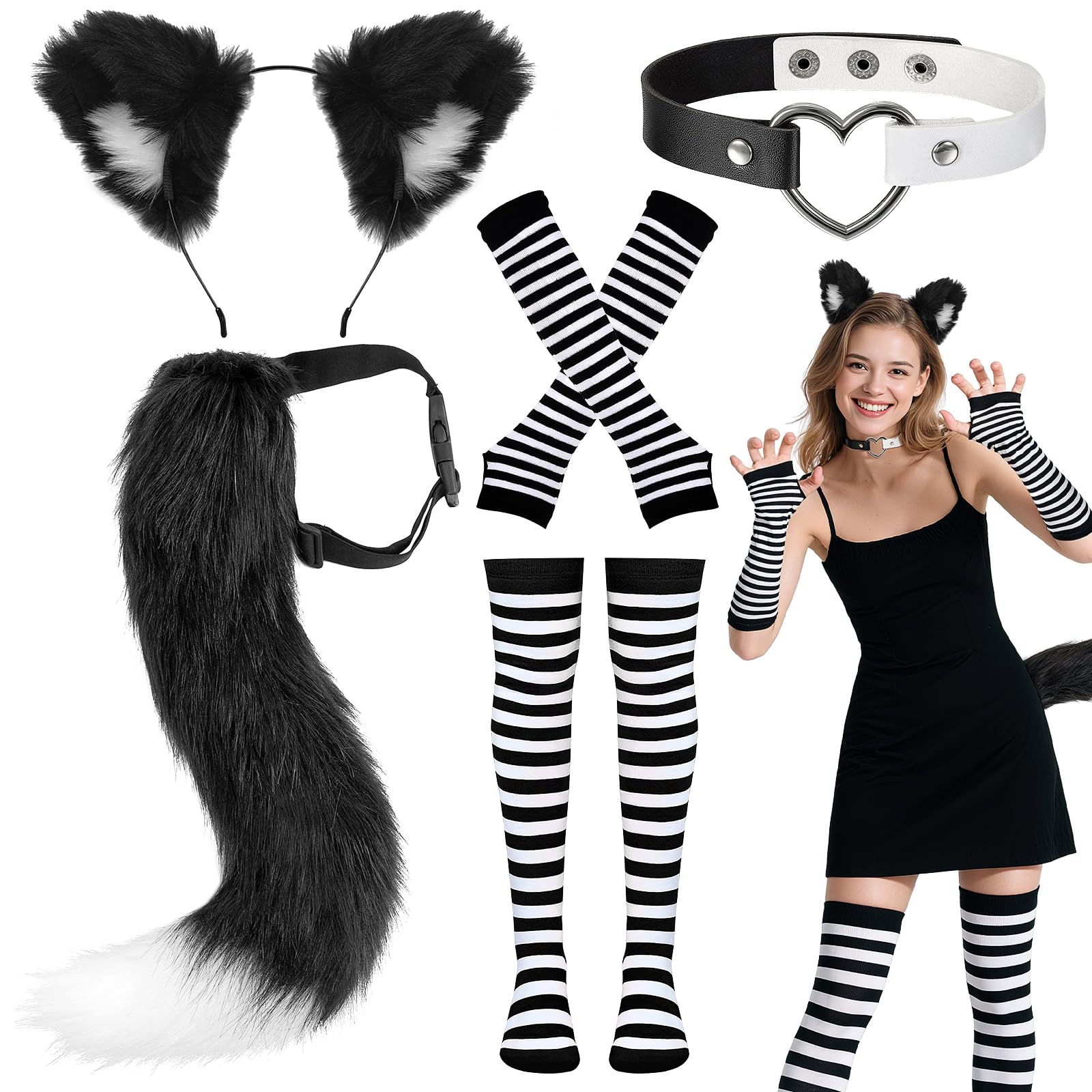 Bryndo 5 Pcs Cat Costume Set, Cat Ears Tail Kit Animal Fancy Dress Fluffy Faux Fur Fox Cat Tail with Collar Striped Socks Gloves for Halloween Cosplay Dress Up