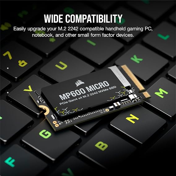 Corsair MP600 MICRO 1TB M.2 NVMe PCIe x4 Gen4 SSD – M.2 2242 – Up to 7,000MB/sec Sequential Read – High-Density 3D TLC NAND – Compatible with Lenovo Legion Go and Thin PCIe 4.0 Laptops – Black