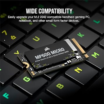 Corsair MP600 MICRO 1TB M.2 NVMe PCIe x4 Gen4 SSD – M.2 2242 – Up to 7,000MB/sec Sequential Read – High-Density 3D TLC NAND – Compatible with Lenovo Legion Go and Thin PCIe 4.0 Laptops – Black
