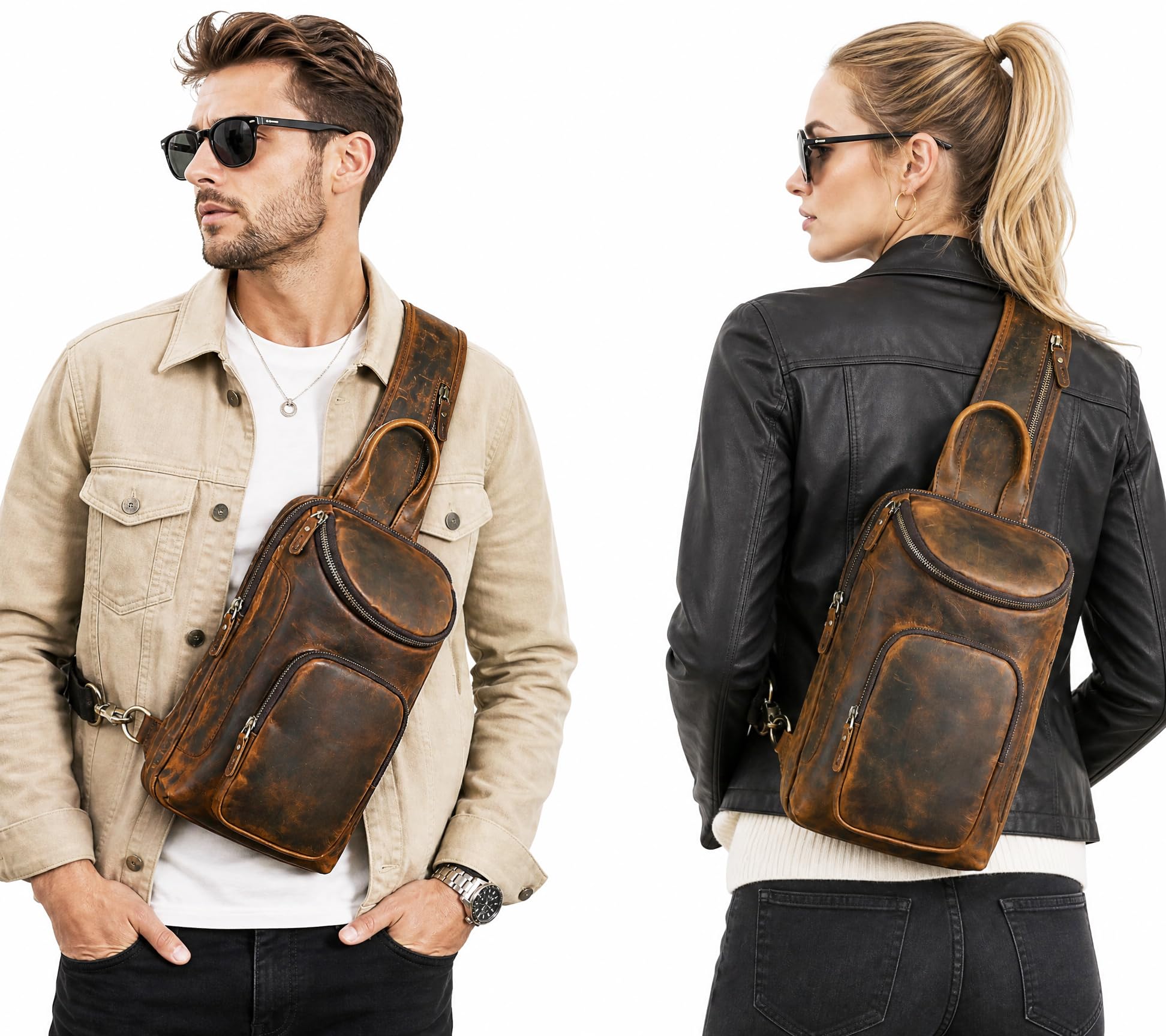 Vintage,Cuir véritable, triangulaire Sac à bandoulière, Sac à dos poitrine, Sac à dos à une épaule, pour homme et femme 3028