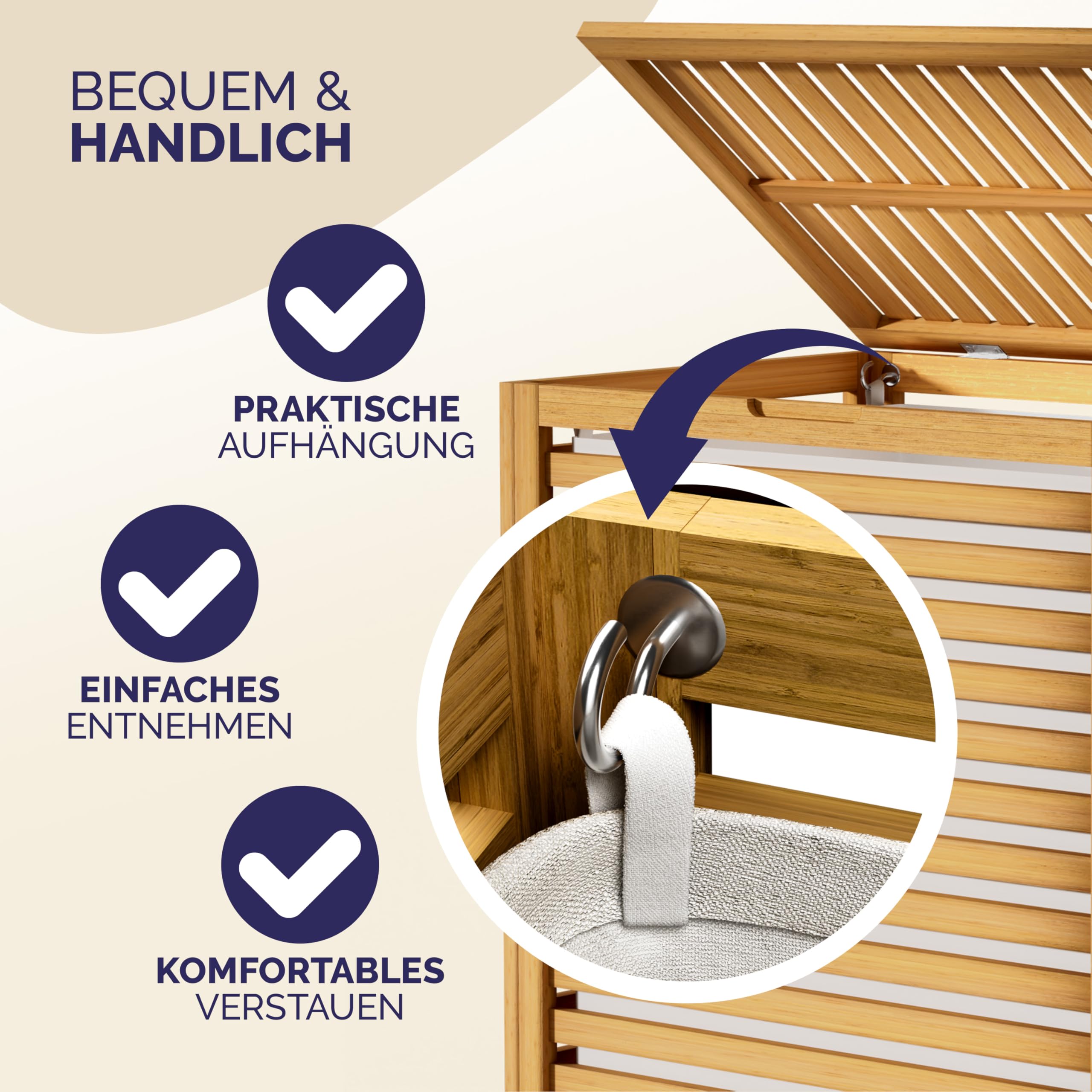 CASARIA® Wäschekorb mit Deckel Bambus Holz 70L Groß Wäschesammler Wäschesack Herausnehmbar Baumwolle 62x51x36cm Schmal Wäschebox Wäschetonne Badzimmer