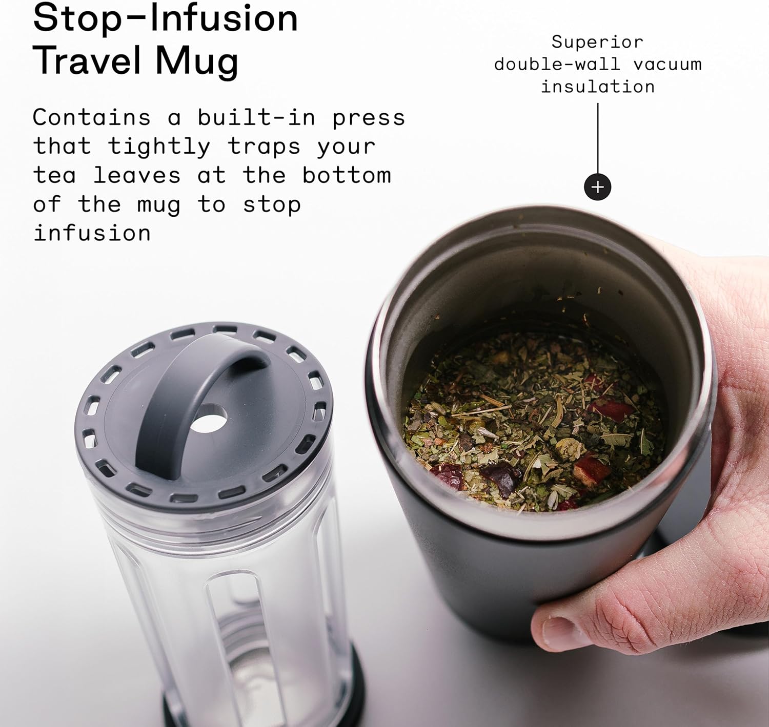 Firebelly Tea, Travel Tea Infuser Mug with Strainer, Insulated Tumbler for Loose Leaf Tea or Coffee, Leakproof Bottle for Hot or Iced Drinks, Stainless Steel Thermos with Lid, Noir - Image 3