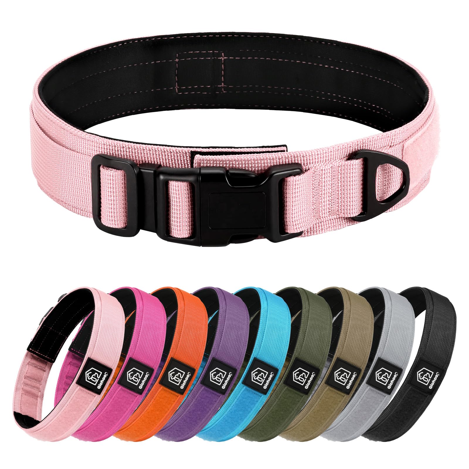 Collare per cani tattico resistente, anello a D in metallo, regolabile, resistente, con fibbia a sgancio rapido, per cani di taglia media e grande (rosa, M: 15-17)