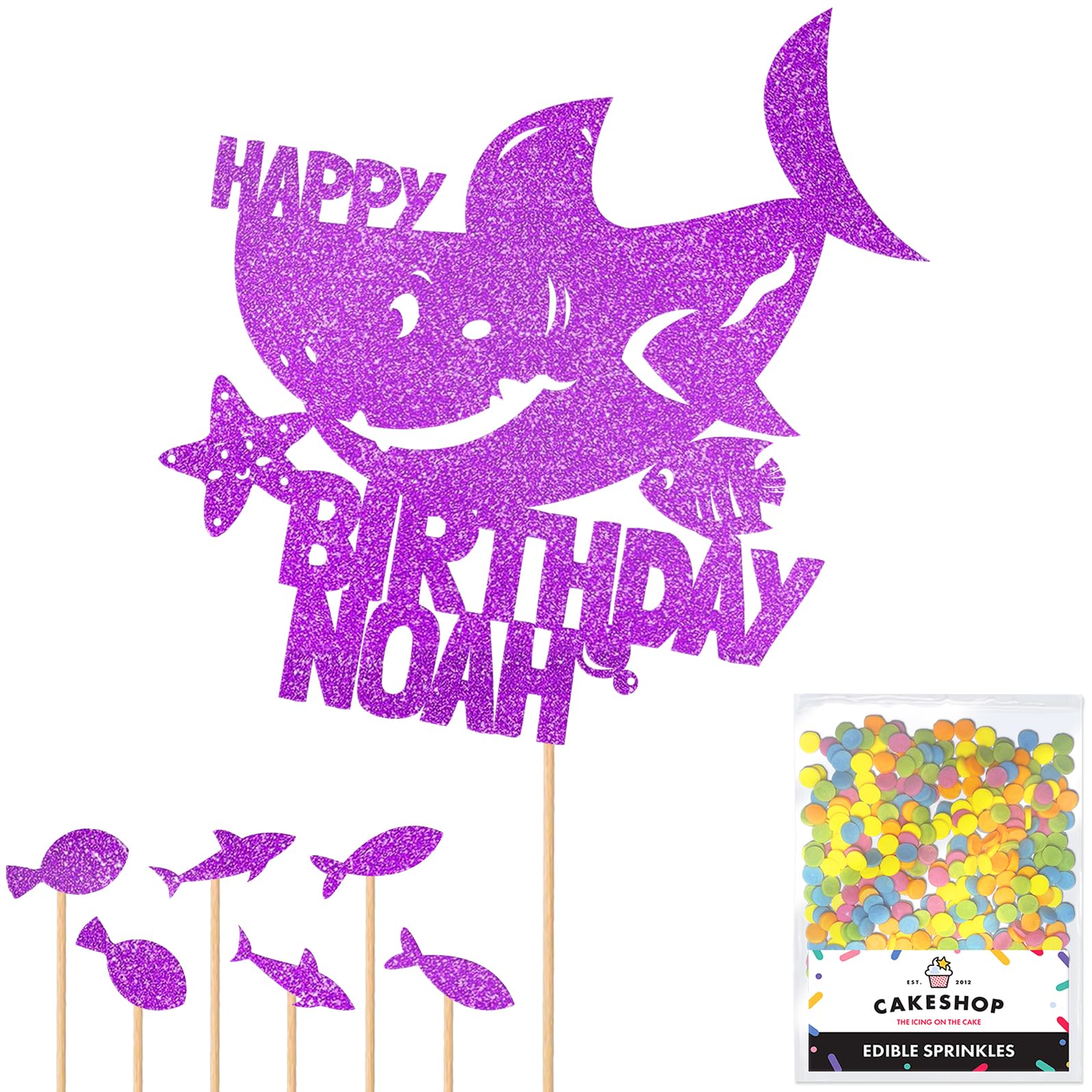 Personalised Birthday Shark Glitter Cake Topper- Purple Any Custom Name Glitter Cake Decoration and Sprinkles - Happy Birthday Decorations - Personalised Toppers for Cakes by Cakeshop — image 1