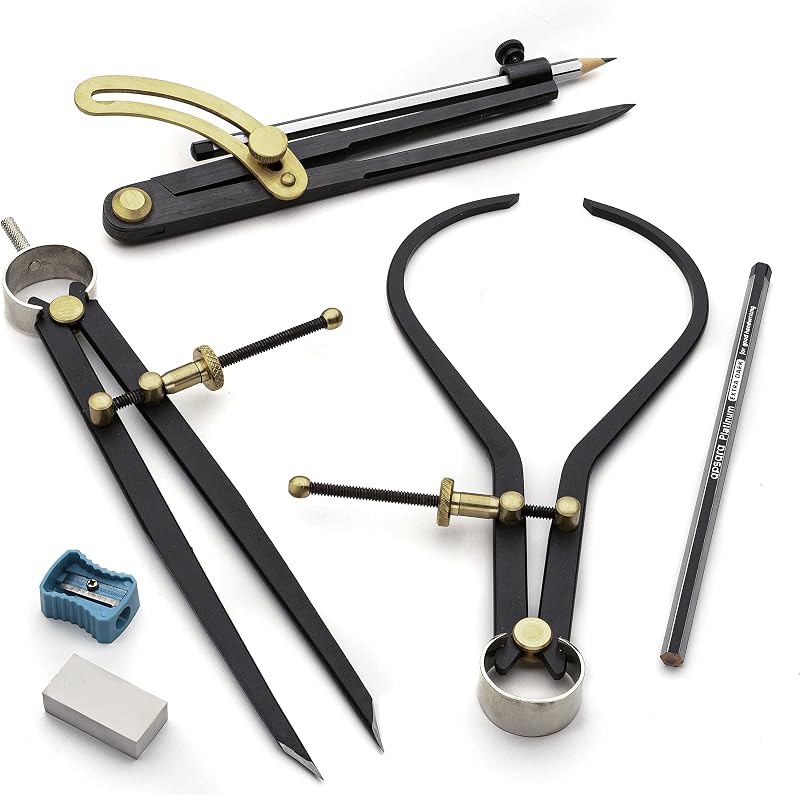 Kings County Tools Juego de compás para carpintería y calibre industrial, 7 piezas | Herramienta de medición de calibrador de grado de taller y brújula de dibujo, herramientas de dibujo de acero con accesorios de latón y tuercas de bloqueo