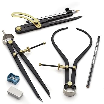 Kings County Tools 7-Piece Caliper and Compass Set | Industrial Workshop Grade Instrument | Solid Steel with Brass Fittings | Knurled Locking Nuts