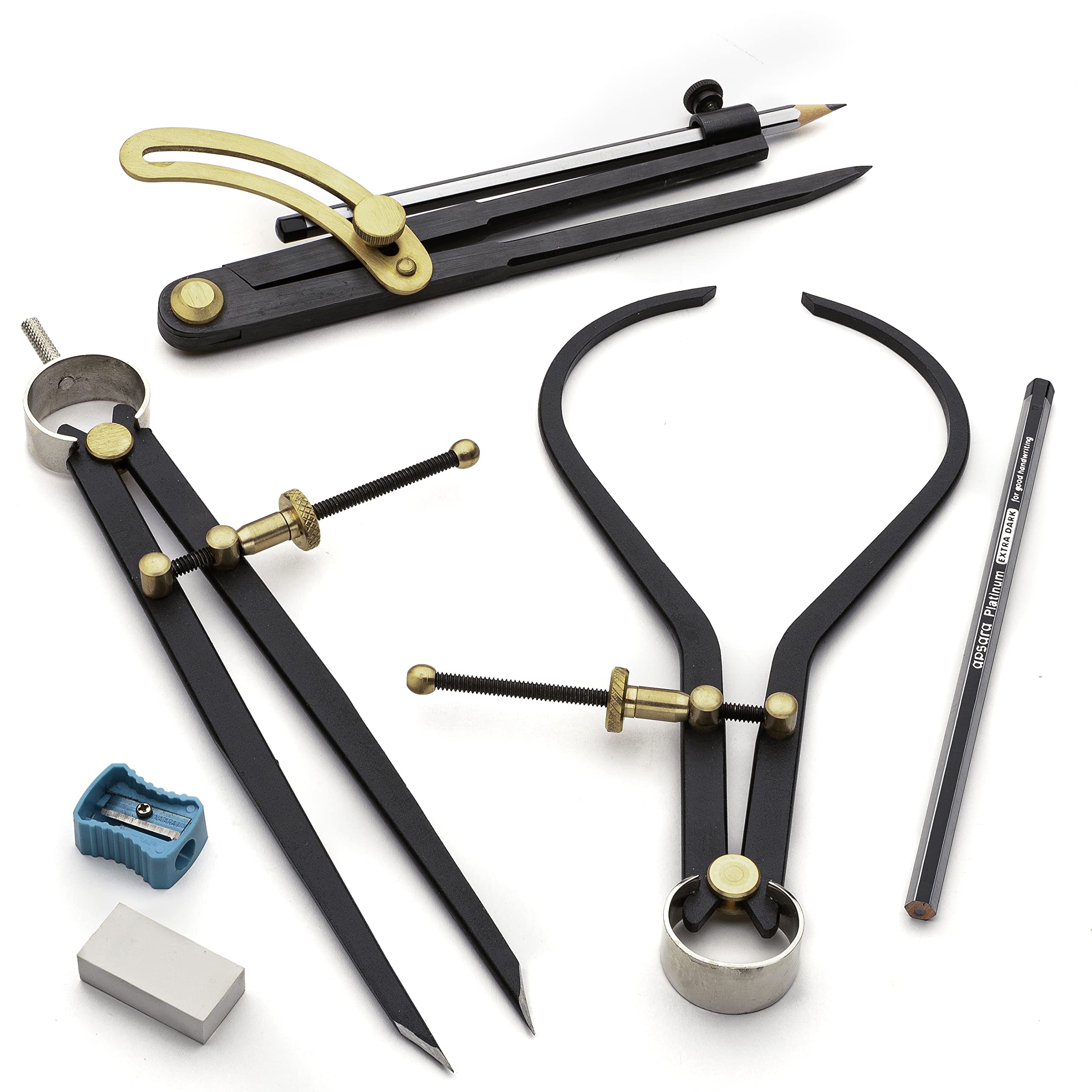 Kings County Tools 7-Piece Caliper and Compass Set | Industrial Workshop Grade Instrument | Solid Steel with Brass Fittings | Knurled Locking Nuts