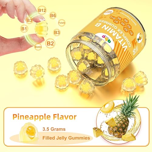 Miniatura 3 de NEWOLITE Gomitas de complejo de vitamina B para adultos y niños, suplemento masticable con sabor a piña con 8 vitaminas B esenciales (B1, B2, B3,