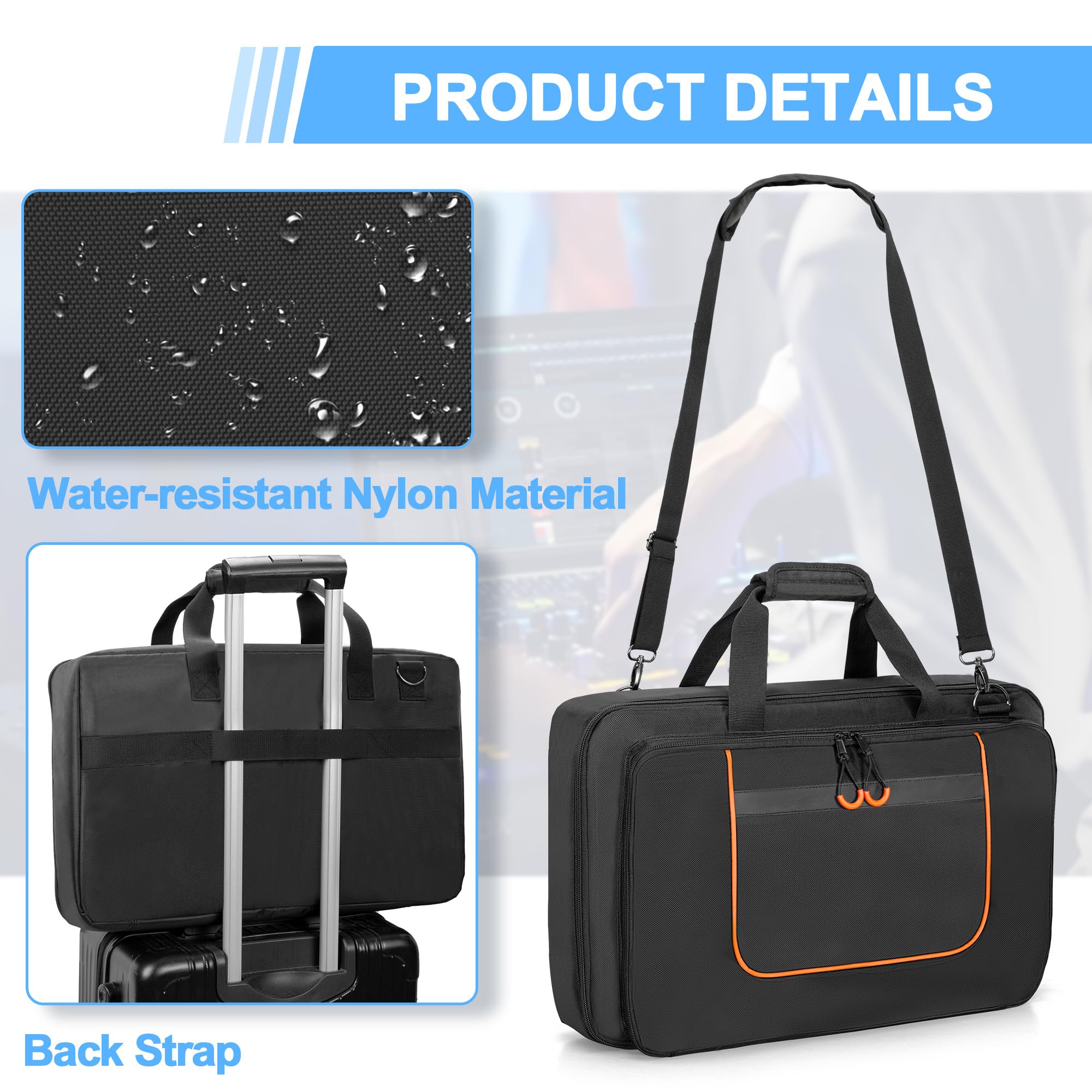 Rexmica Bolsa Acolchada para Controlador DJ, Compatible con Pioneer DDJ-FLX4/DDJ-400/DDJ-SB2/DDJ-SB3, con Compartimento para Ordenador Portátil y Bolsillos para Cables DJ, Auriculares, Accesorios