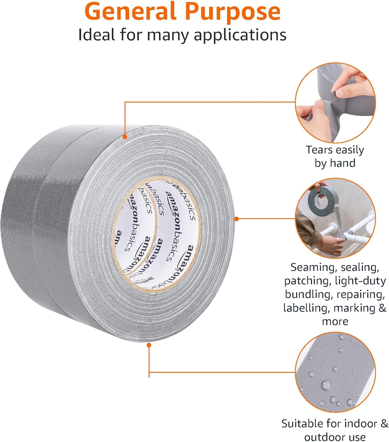 Amazon Basics Heavy Duty Duct Tape, 2"W x 60 yds, 179.8 ft, 2 count (Pack of 1), Silver