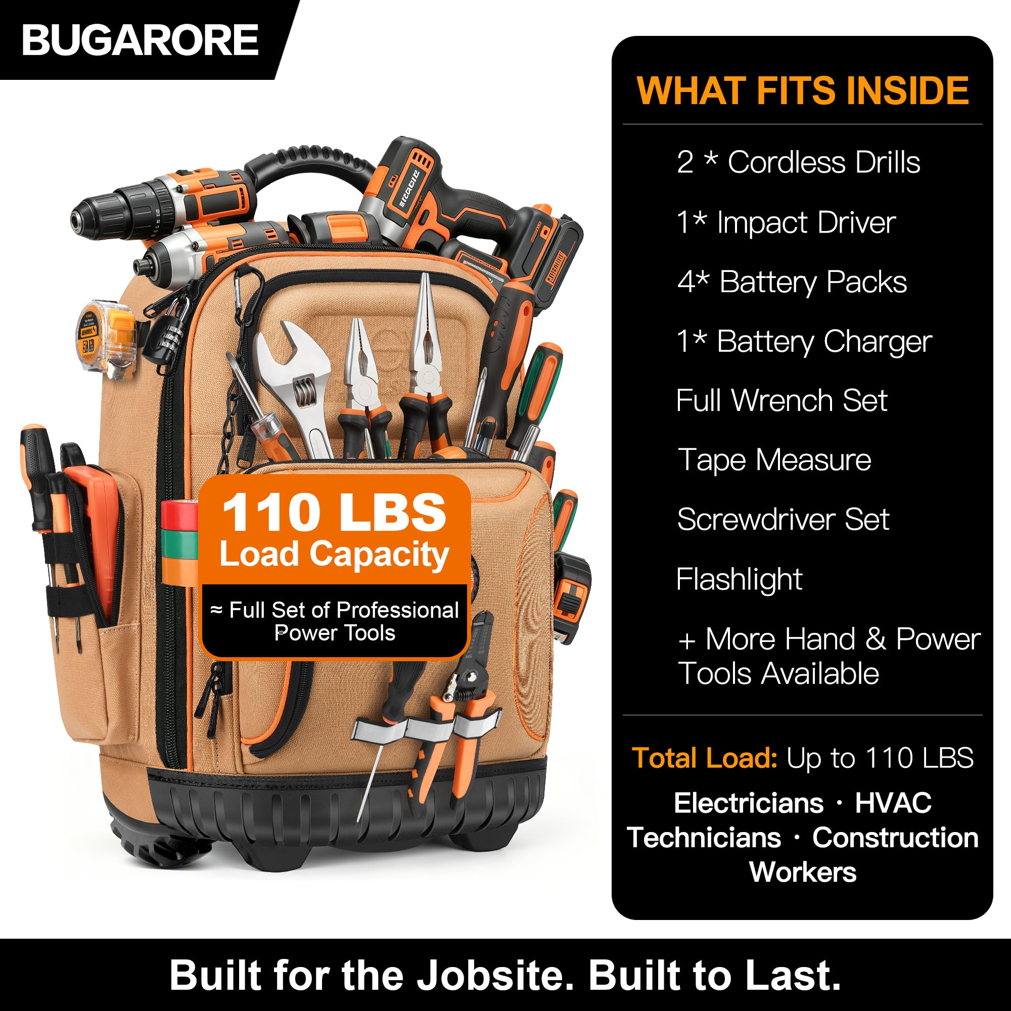 Mochila de herramientas de 40,6 cm con ruedas, 75 bolsillos, bolsa de herramientas de electricista para construcción HVAC, impermeable 1680D, base moldeada y cerradura de combinación