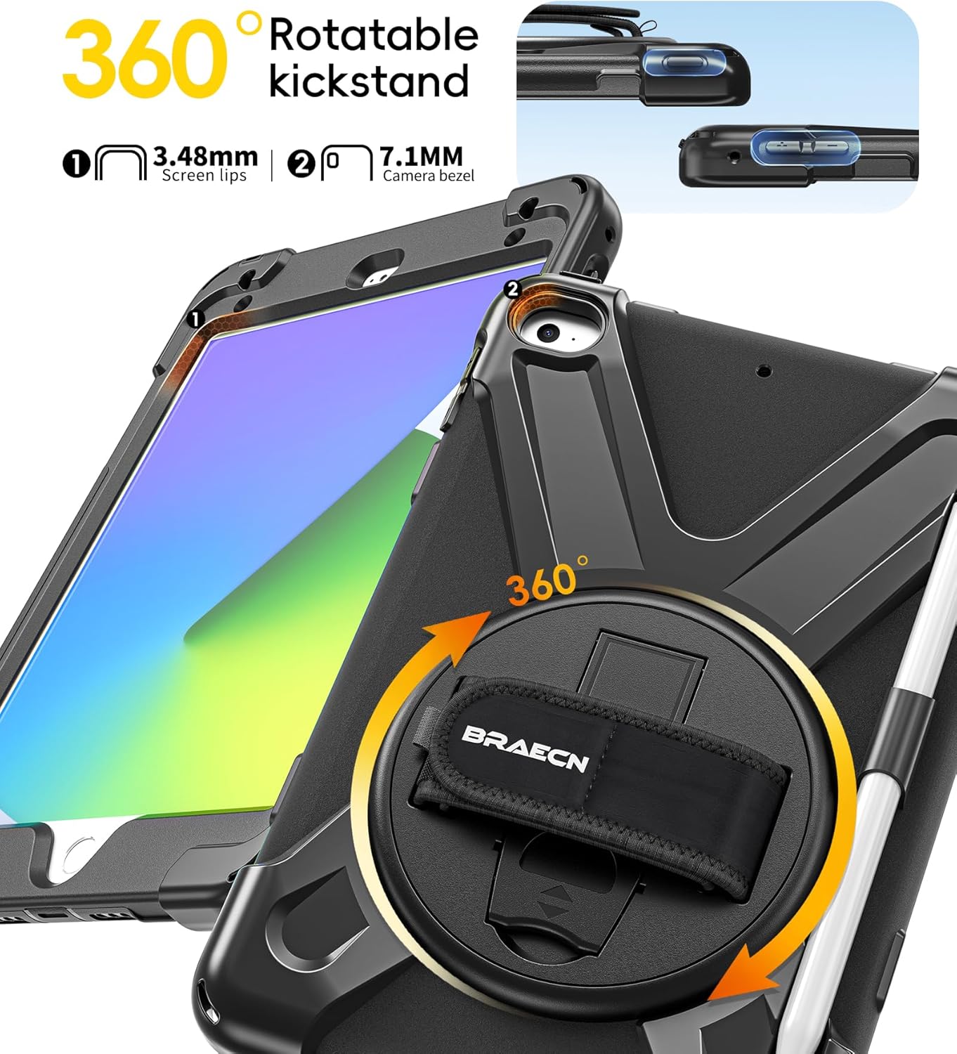 BRAECN iPad mini 5 Case,iPad mini 4 Case, Heavy Duty Shockproof Protective Rugged Case with Pencil Holder,Hand Strap,Kickstand, Shoulder Strap for iPad mini 5th/4th Generation 7.9 Inch for Kids-Black