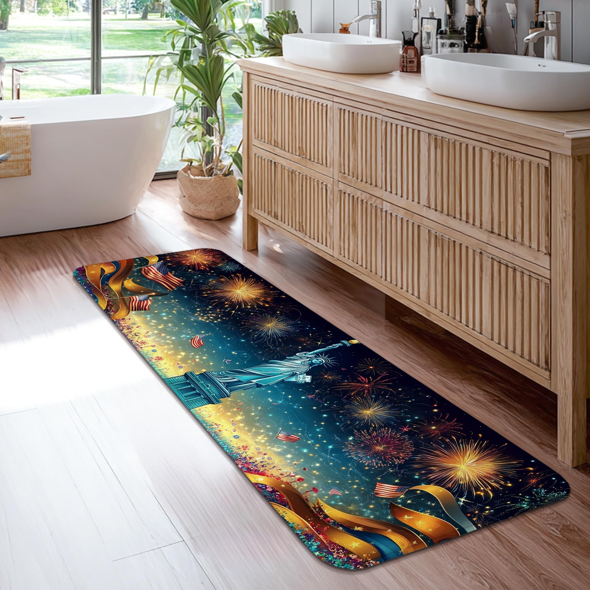 Tapis de couloir bleu motif feux d'artifice et drapeaux américains