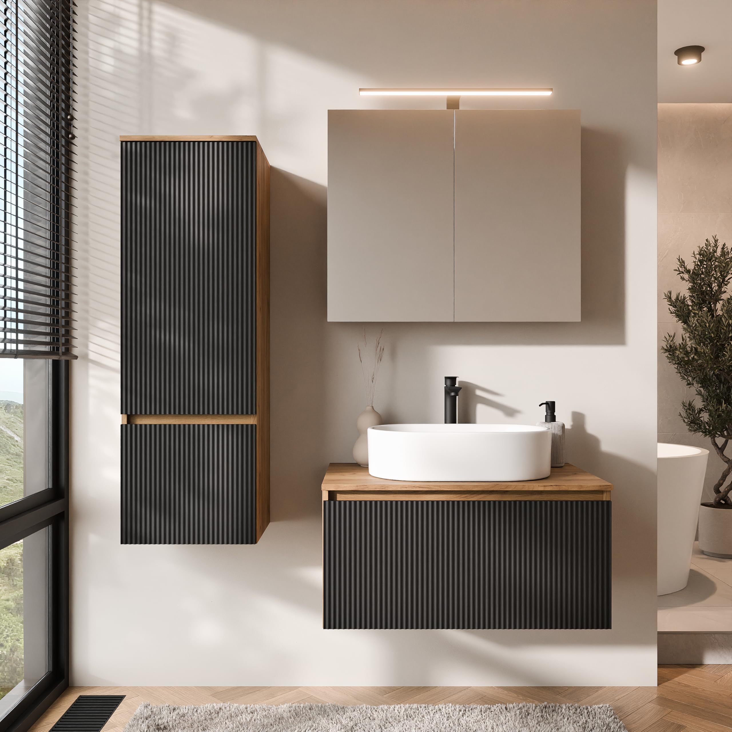 Planetmöbel Arisa - Juego de muebles de baño con armario bajo (80 cm, roble dorado y negro estriado) con armario ARIA con espejo y armario alto, lavabo de 55 cm, color blanco, incluye sifón para
