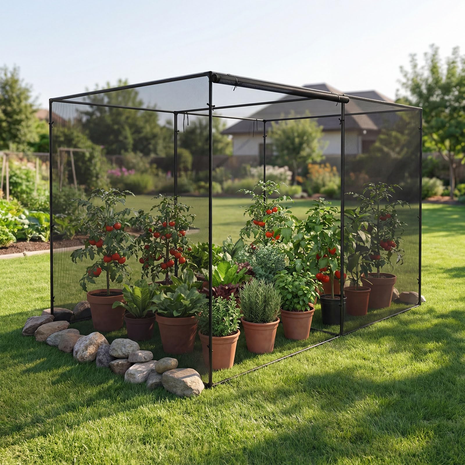 HOMASIS Pflanzenschutzzelt, Insektenschutznetz mit Metallrahmen, Gartennetz mit Tragetasche & Rolltor, Pflanzenschutzkäfig mit Metallheringen, Pflanzenzelt für Garten & Terrasse, 310x200x200cm