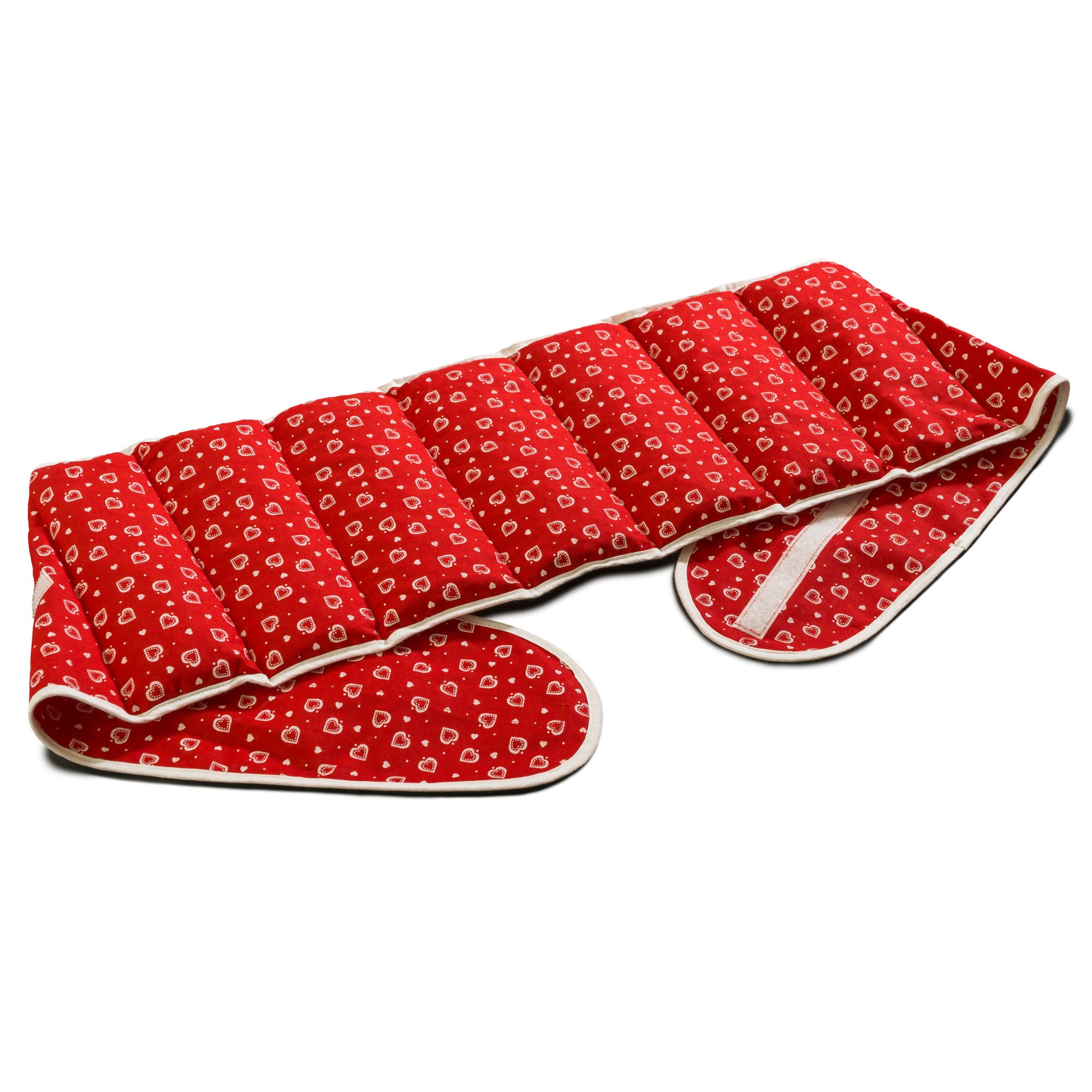 Coussin-ceinture, 135cm, aux noyaux de cerises à sept compartiments avec fermeture à bande auto-agrippante - Ceinture-bouillotte - Coussin thermique aux graines XXL, Rouge avec des coeurs