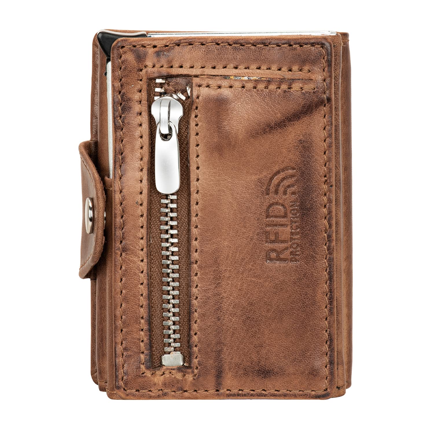 Fa.Volmer ® Echt-Leder AirTag Kartenetui mit Münzfach - max. 12 Karten - RFID Schutz - Herren & Damen | Geldbörse VO34 (Antique Brown)