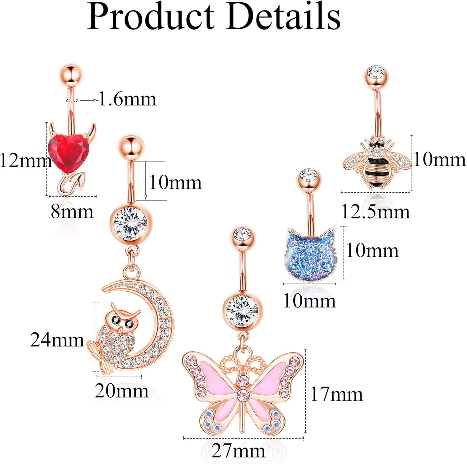 Kakonia 5Pcs 14G Belly Button Bars for Women Stainless Steel Belly Bar