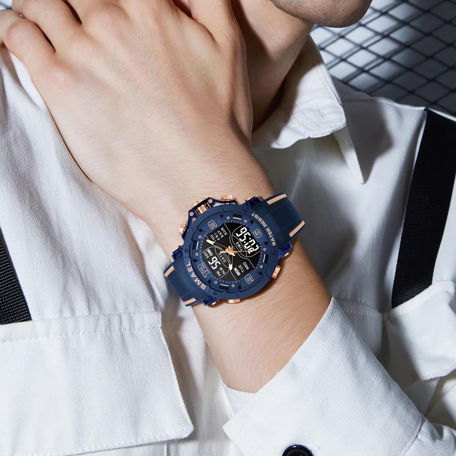Gosasa Montre de sport analogique et numérique pour homme avec rétroéclairage LED, chronomètre, alarme, calendrier, heure 12/24 h, étanche jusqu'à 50 m, bracelet en silicone