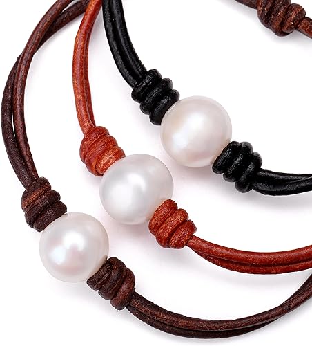 Miniatura 4 de Aobei Pearl Pulsera de perlas cultivadas de agua dulce única de cuero genuino hecha a mano para mujeres, 17.78 cm