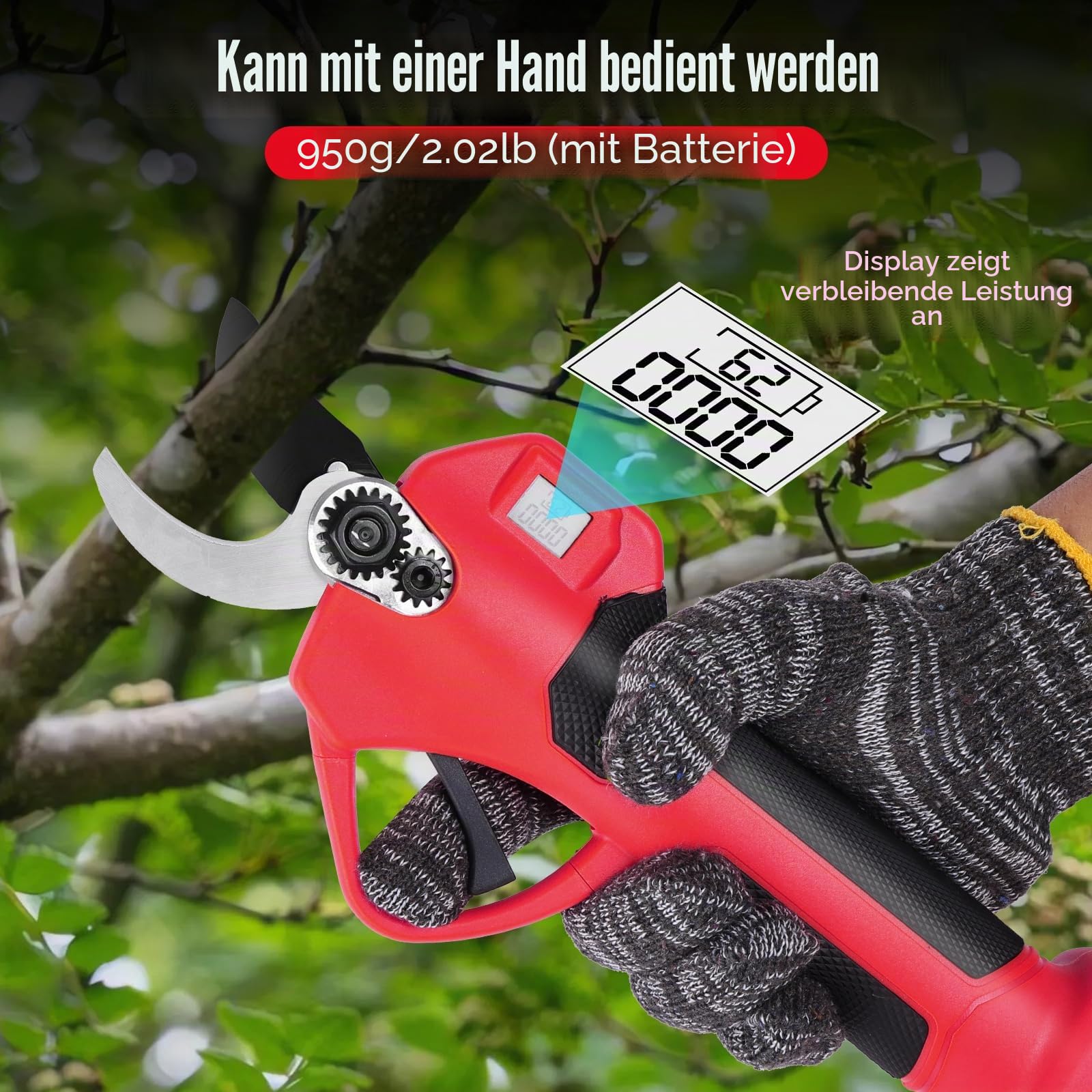 Akku-Gartenschere mit 2 x 2000 mAh Bateria | Bürstenloser Motor, LCD‑Ladestand, Leicht, Rutschfester Griff, – für Obstgarten, Weinberg, Hecken
