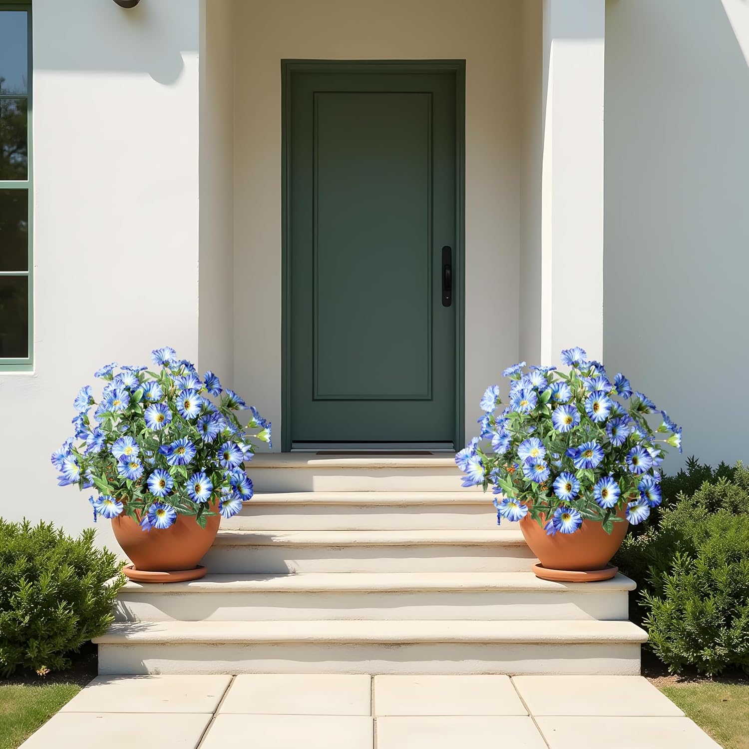 Artificial Plants Outdoor Morning Glory Artificial Flowers Plastic Flowers for Decoration,UV Resistant Look Real Fake Flowers Faux Outdoor Plants Front Door Decor Outdoor 13.3In(Blue) 4PCS