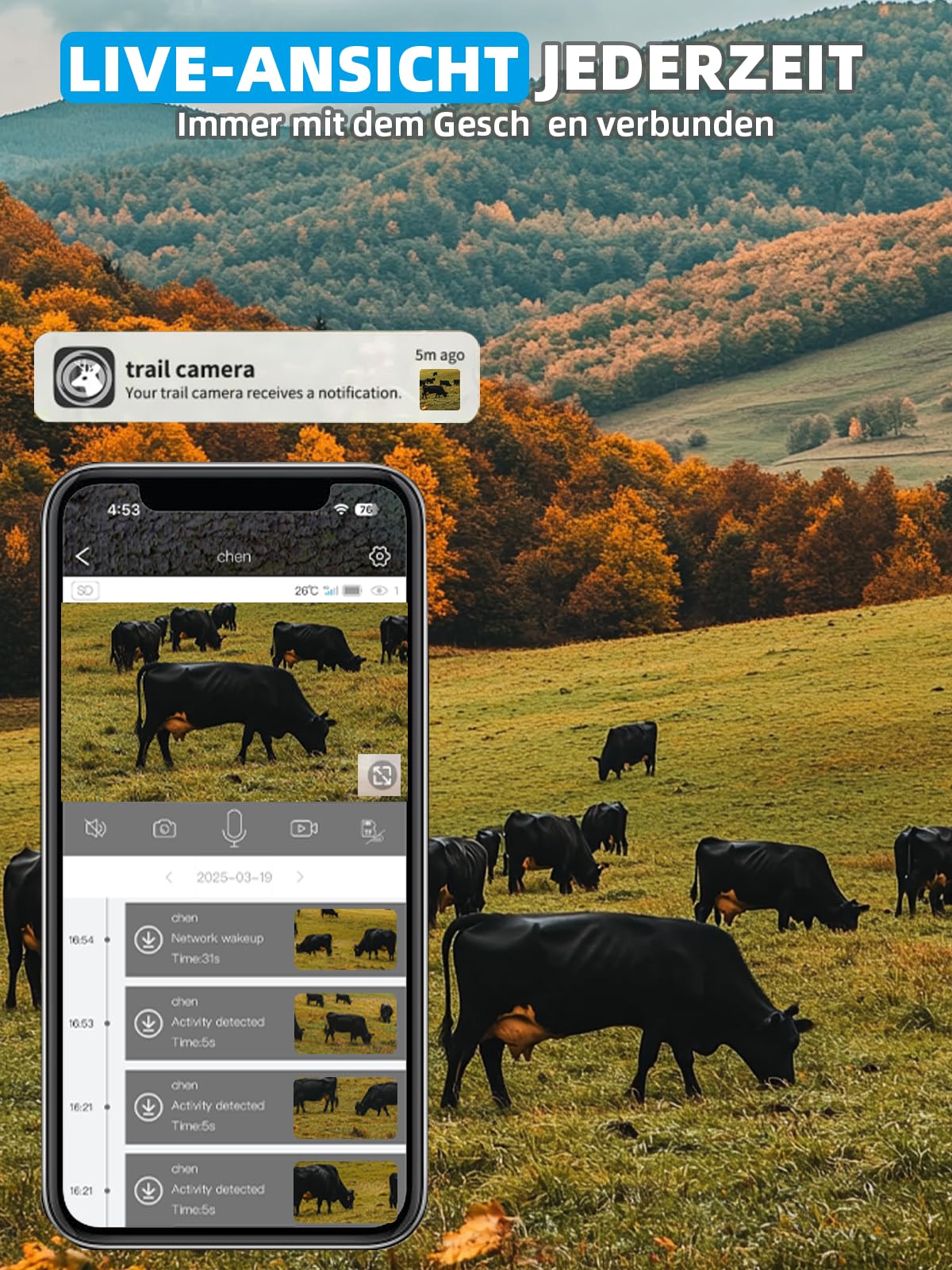 Wildkamera, 4G LTE Wildkamera mit Handyübertragung APP, 2,5K Wildtierkamera Solar mit SIM Karte, Bewegungsmelder, Nachtsicht, 0,2 s Auslösezeit, IP65 wasserdicht, 32GB SD Karte und 7800mAh Akku