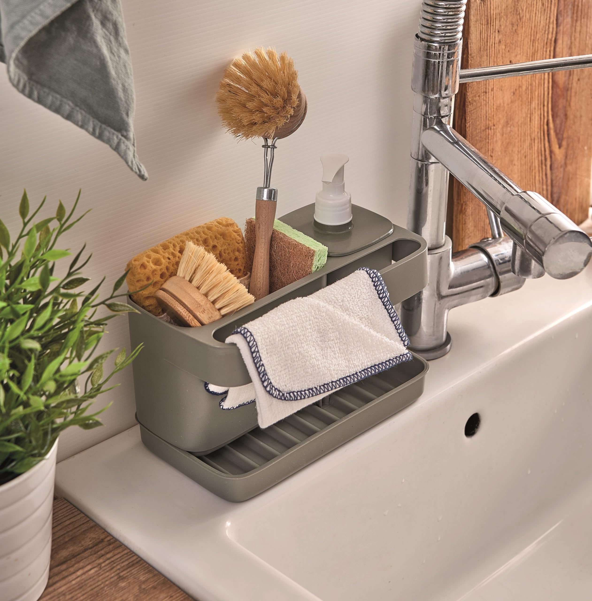 Snips Riordinello szary, uchwyt na gąbkę z dozownikiem, organizer na zlew szary, pojemnik na naczynia 12L x 18W x 21H cm, wyprodukowany we Włoszech, 0% BPA i bez ftalanów