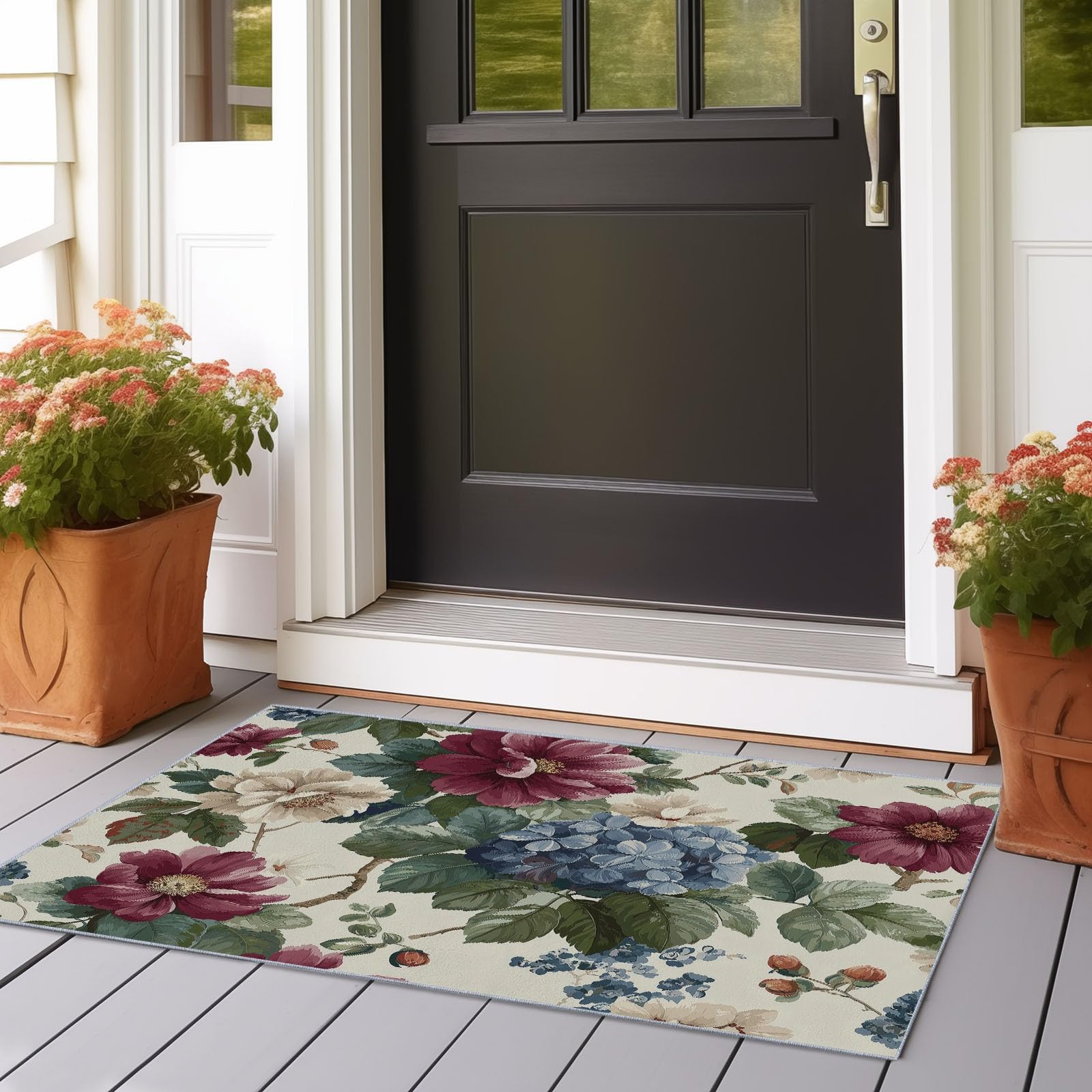 Alfombra Pasillo Larga 60x150 cm Alfombras Cocina Lavable Antideslizante Tapetes Hortensias con Flores realistas para Sala Habitacion Dormitorio Comedor Larga Carpet Beige