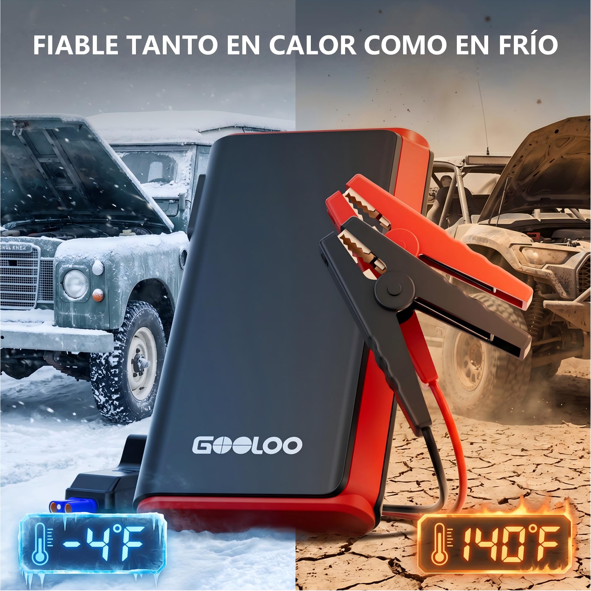 GOOLOO GE2000 - Arrancador de salto de 2000 A (hasta 8 L de gas/6 L diésel) con carga rápida USB-A, luz de emergencia LED y abrazaderas de metal inteligentes, paquete de refuerzo de batería portátil
