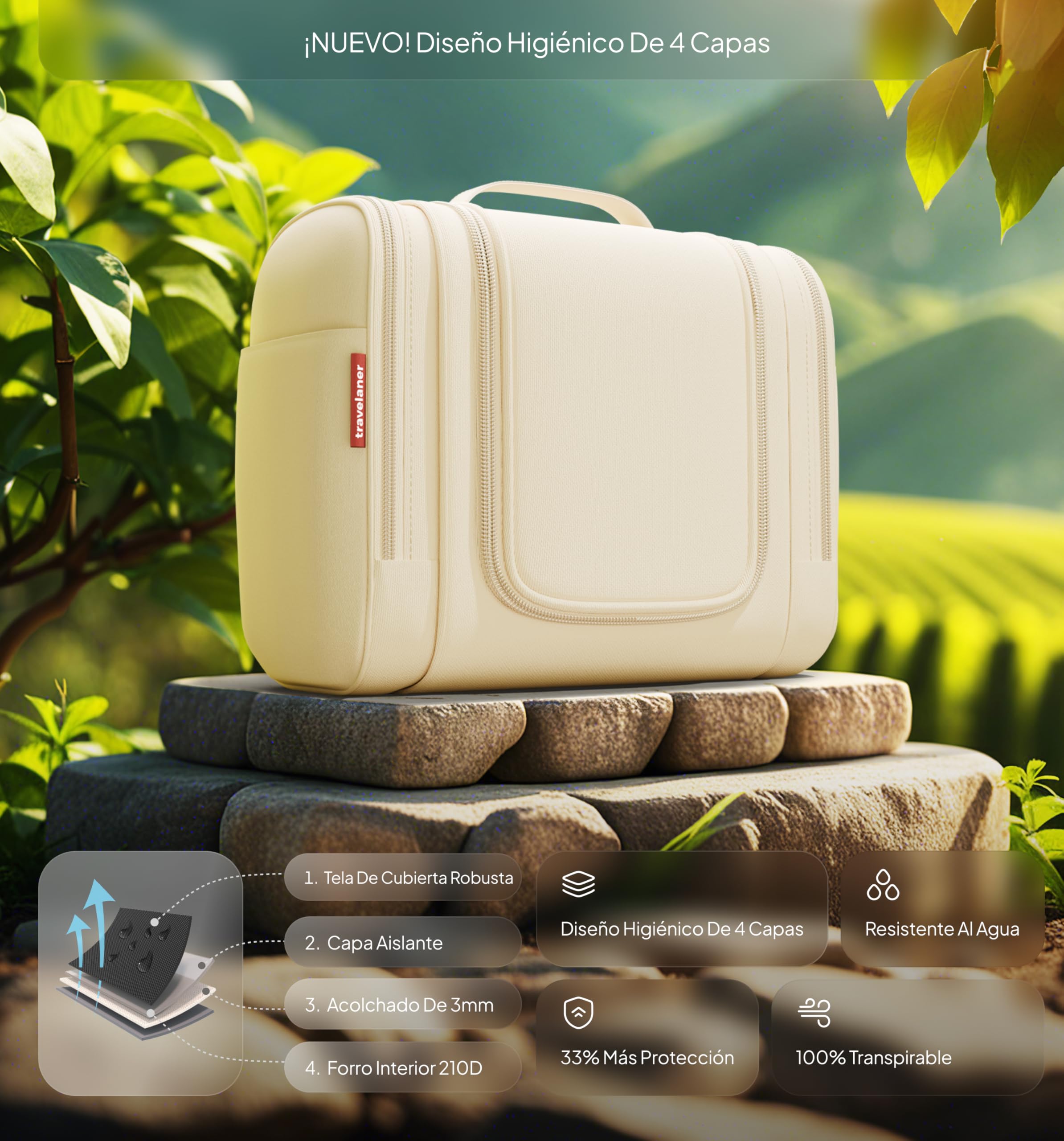 Travelaner® Neceser Hombre y Mujer Design 2026, XXL 3-en-1 Neceser de Viaje Colgante 9L, Gran Bolsa de Aseo Impermeable, Bolsa de Maquillaje, Beige Crema