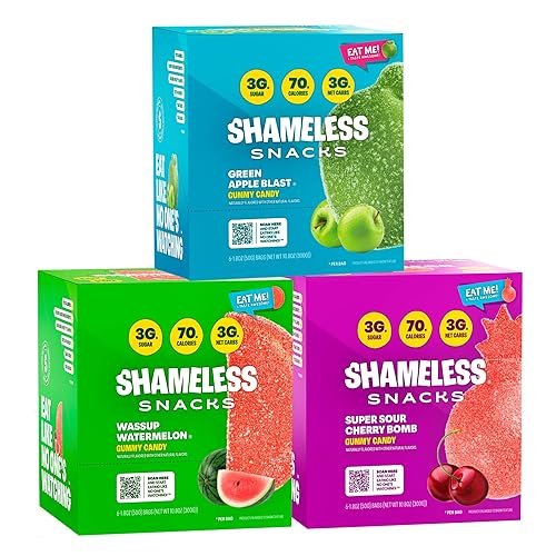 Shameless Snacks - Gomitas keto bajas en carbohidratos sin gluten - Manzana verde, sandía, bomba de cereza