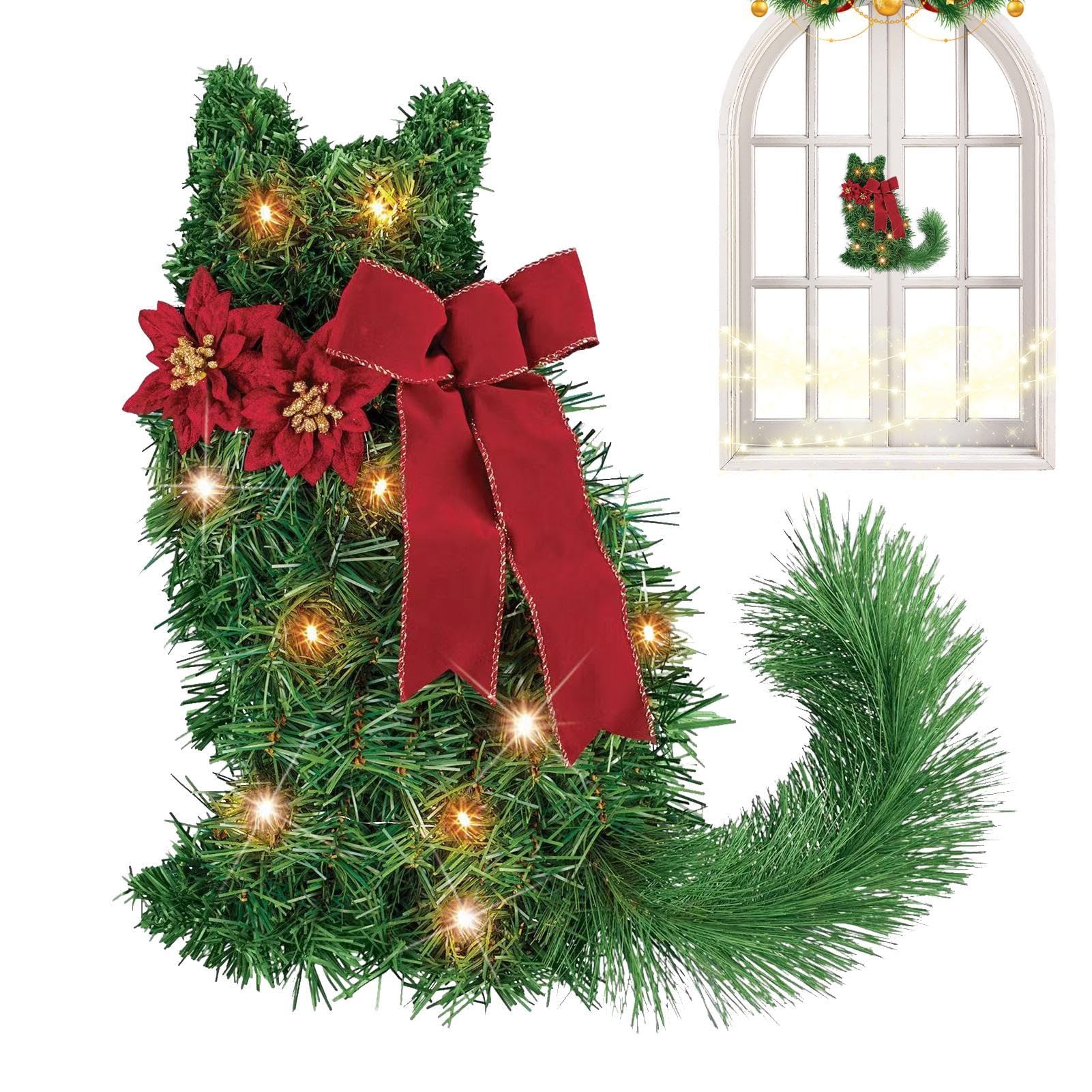 Corona De Árbol De Navidad - Corona De Navidad Hecha A Mano, Corona Navideña De Puerta | Corona Navideña Con Luz Artificial Para Puerta De Gato, Adornos Navideños Verdes Grandes, Guirnalda Hecha A Man