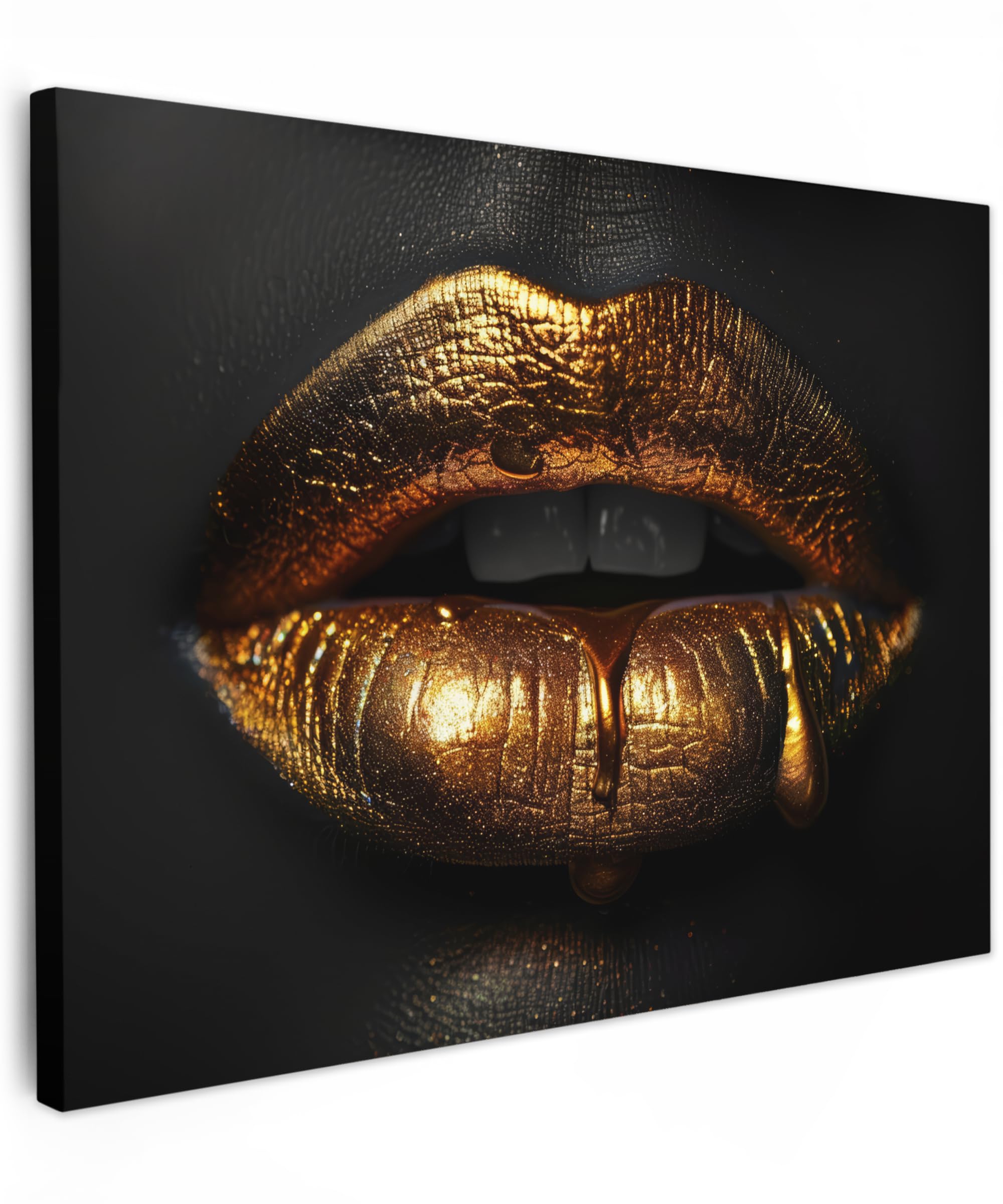 MuchoWow© Canvas Wall Art 31"x24" / 80x60 cm Decor Prints for Living Room Decorative Canvases Hall Artwork Woman - Portrait - Lips - Gold - Black