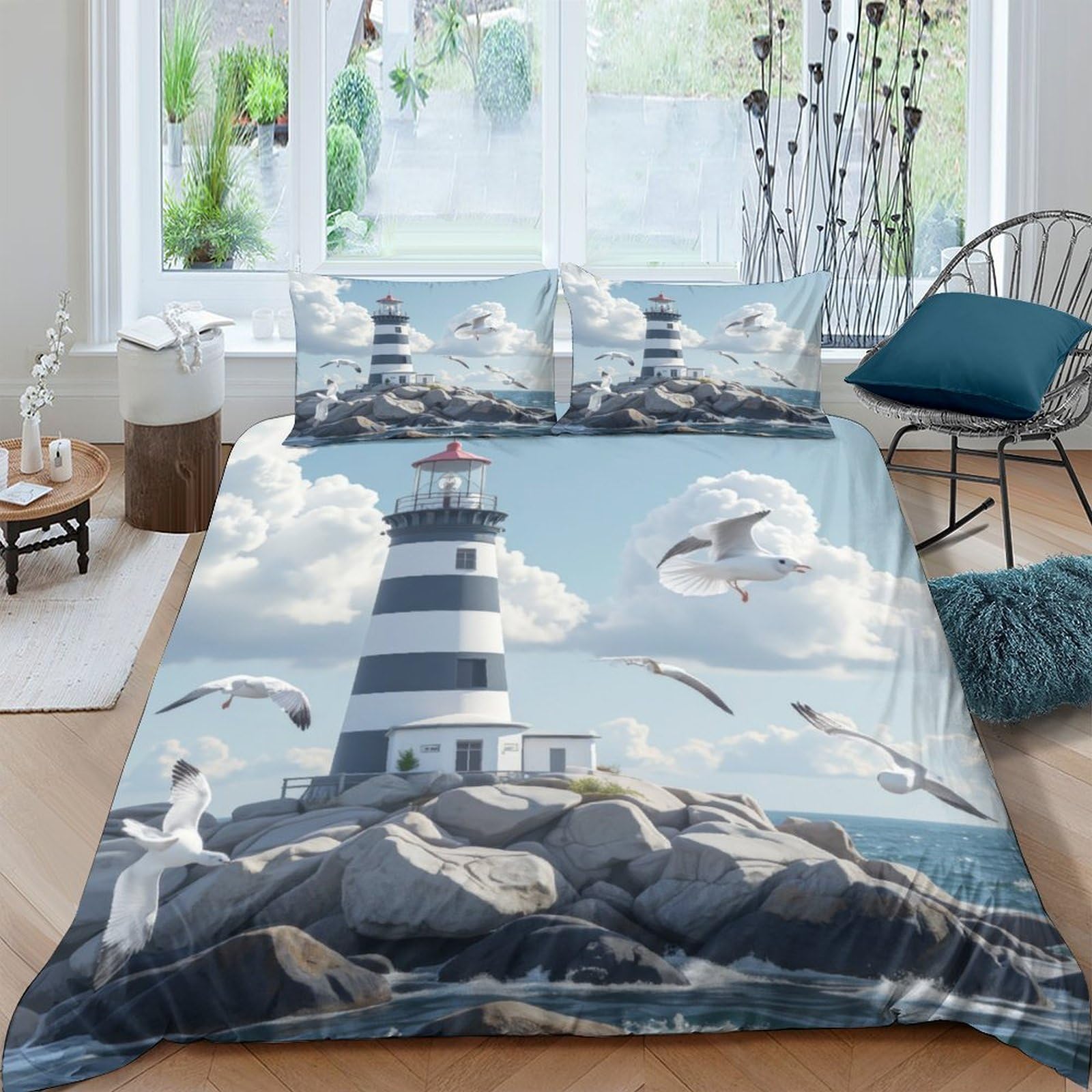 Ctjqhvkz Style-4 3D Printed Lighthouse Seaside Fitted Sheet Microfiber Soft Breathable Seagull Coast Bed Cover For Bedroom Guest Room Decor Single（135X200cm）