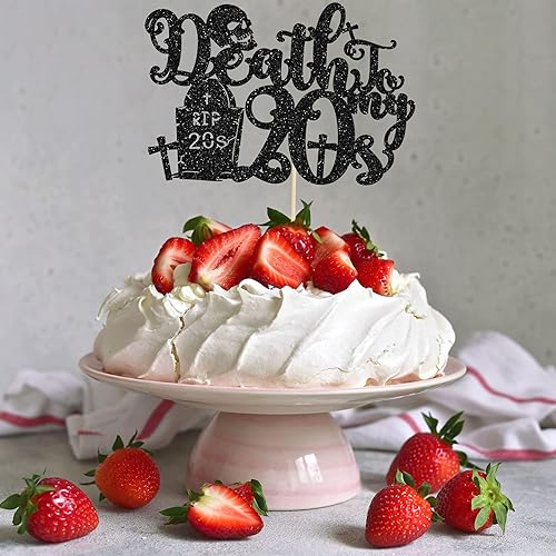Miniatura 7 de 1 paquete de decoración negra para tarta de 30 años con purpurina de "Death to My 20", decoración para pastel de 30 años, decoración de fiesta de