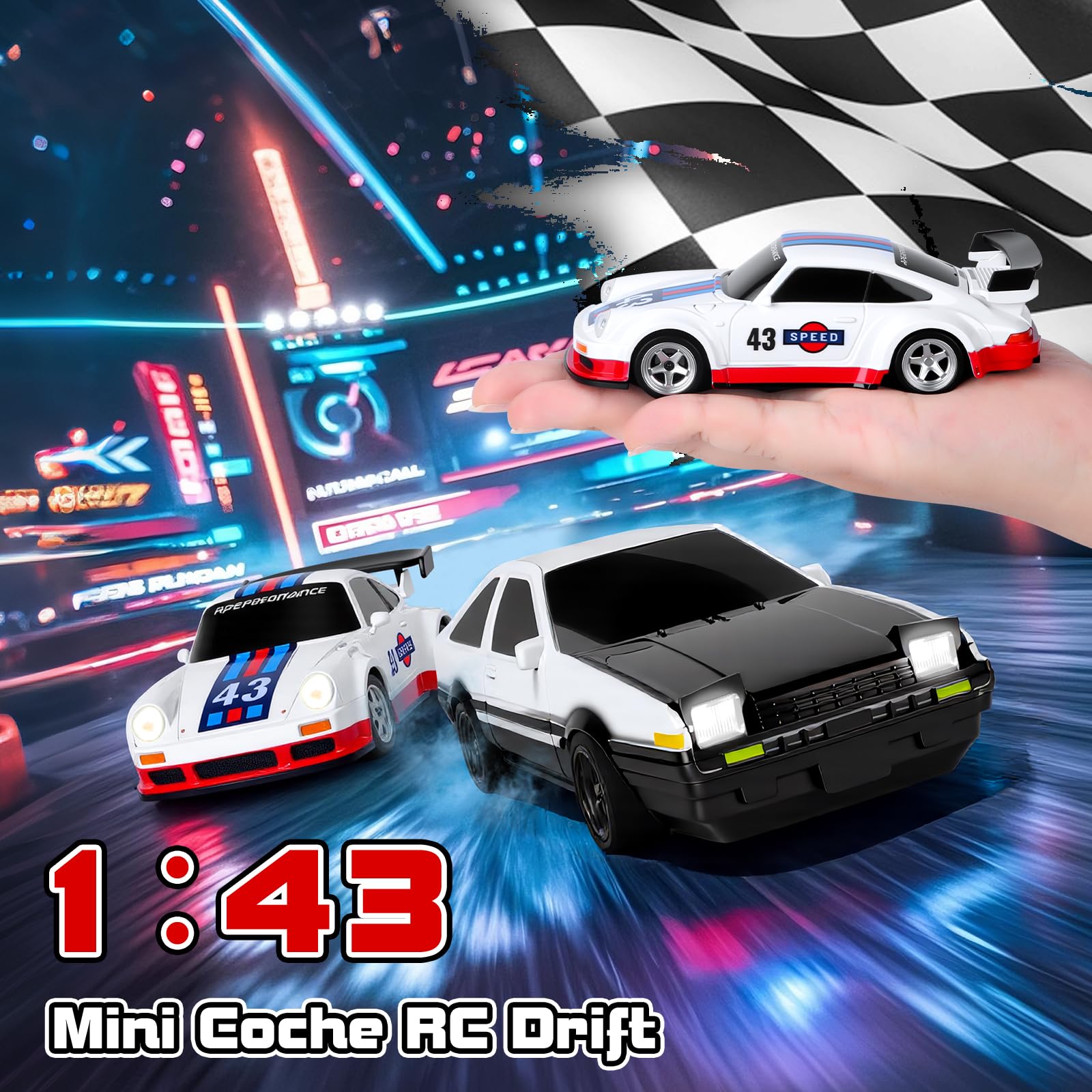 Joellfuner Coche Teledirigido Drift, 1:43 Mini Drift RC Car, 4WD Coche Radiocontrol con Kit Barricada y Luces LED, 15km/h, Coche Teledirigido de Juguete para Niños Mayores de 14 Años (Gyroskop)