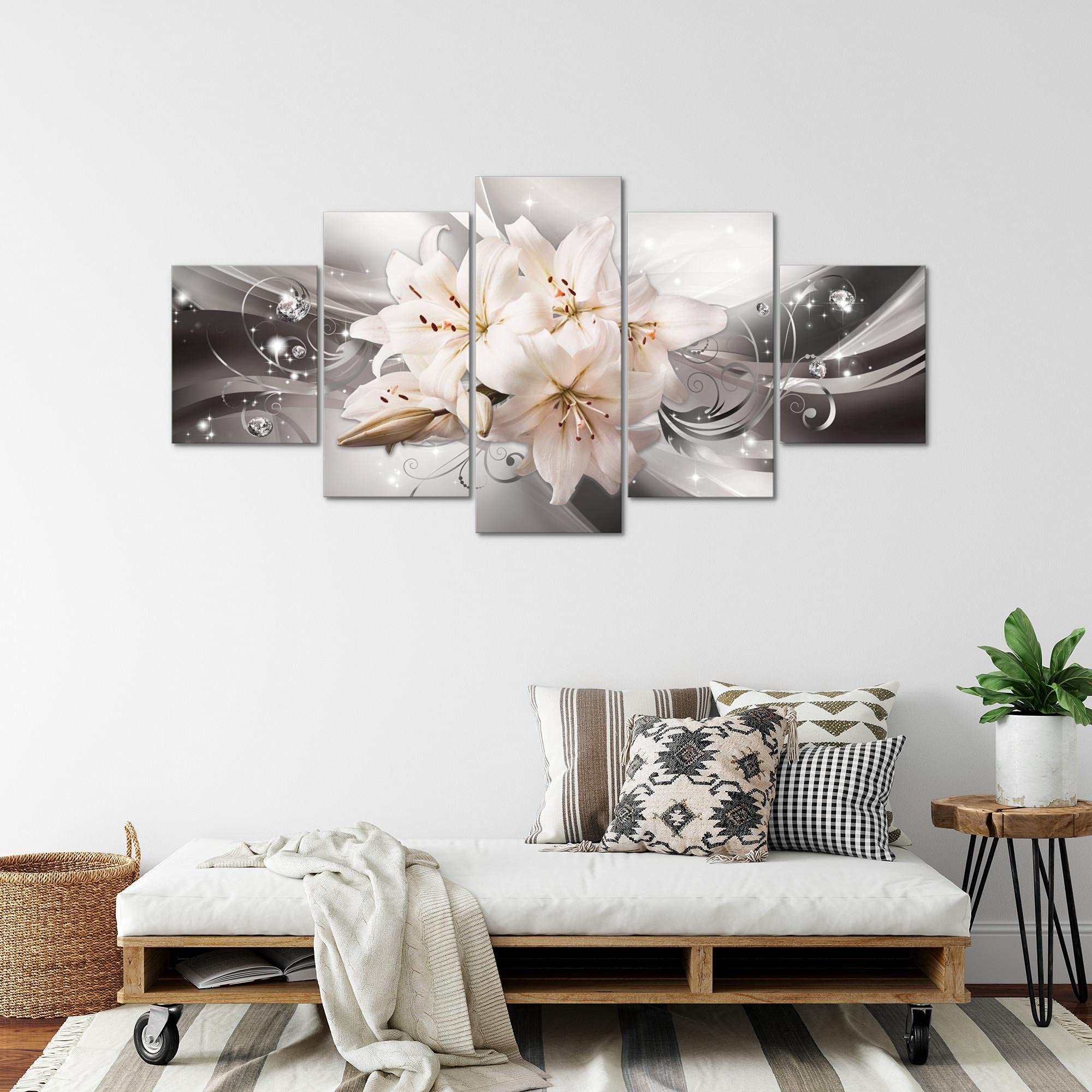 Runa Art - Quadri Fiori Gigli 200 x 100 cm 5 Pezzi XXL Decorazione Murale Design Grigio Beige 020151c