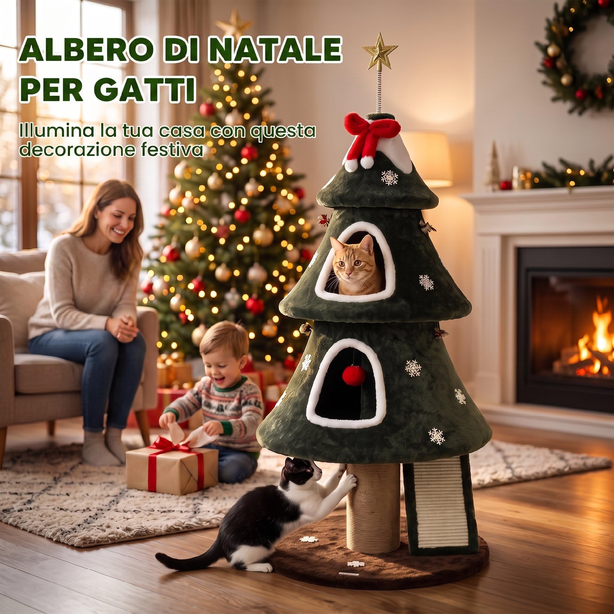 PawHut Albero Tiragraffi Natalizio per Gatti, 2 Cucce, Torre per Gatti con Scala in Sisal, Pali in Juta, Cinghia Antiribaltamento e Palline, 60 x 60 x 132 cm, Verde
