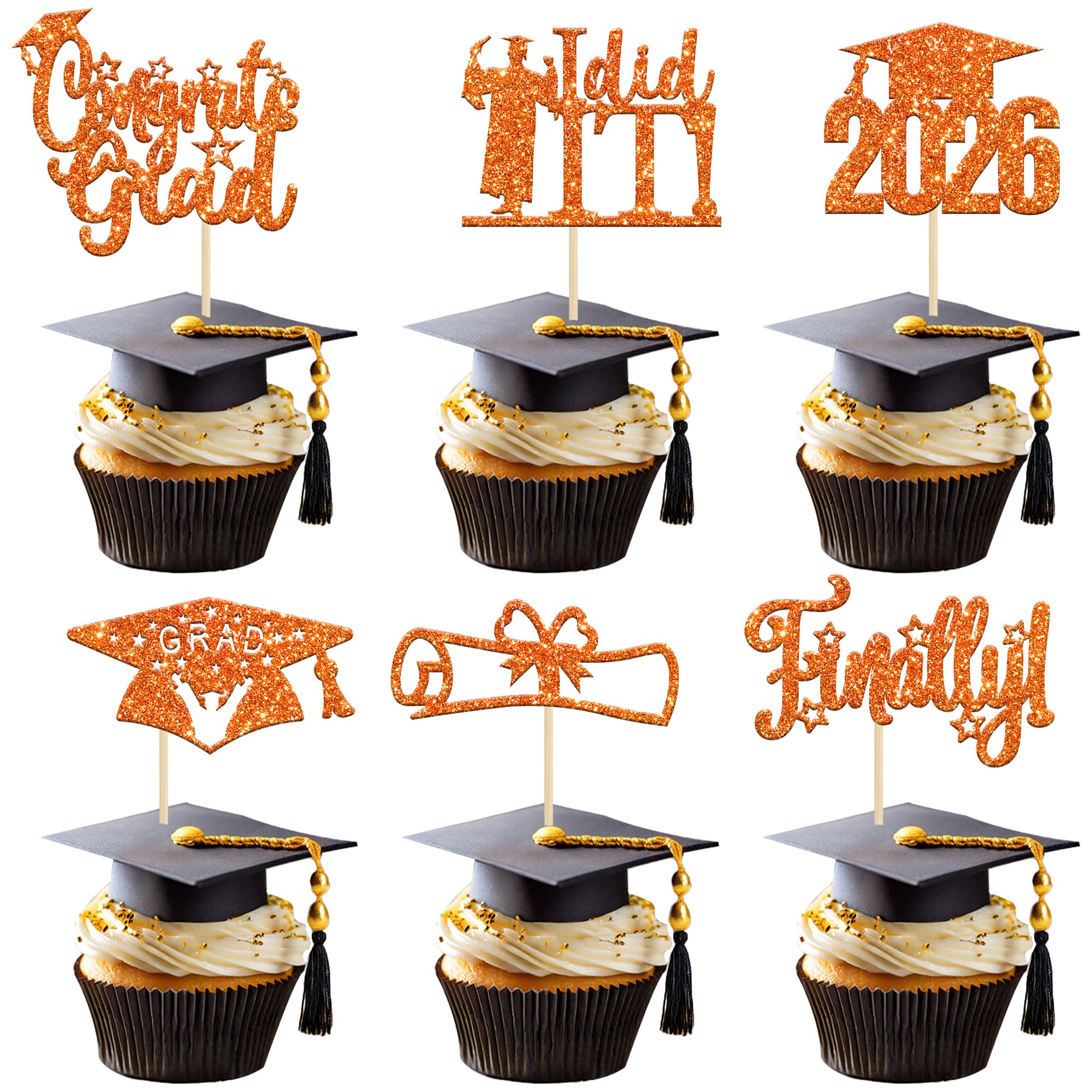 24 Pack 2026 Graduation Cupcake Toppers Glitter Congrats Grad I Did It Diploma Grad Cap Cupcake Picks Grad Cap Cake Decorations for 2026 Graduation Party Decorations Orange