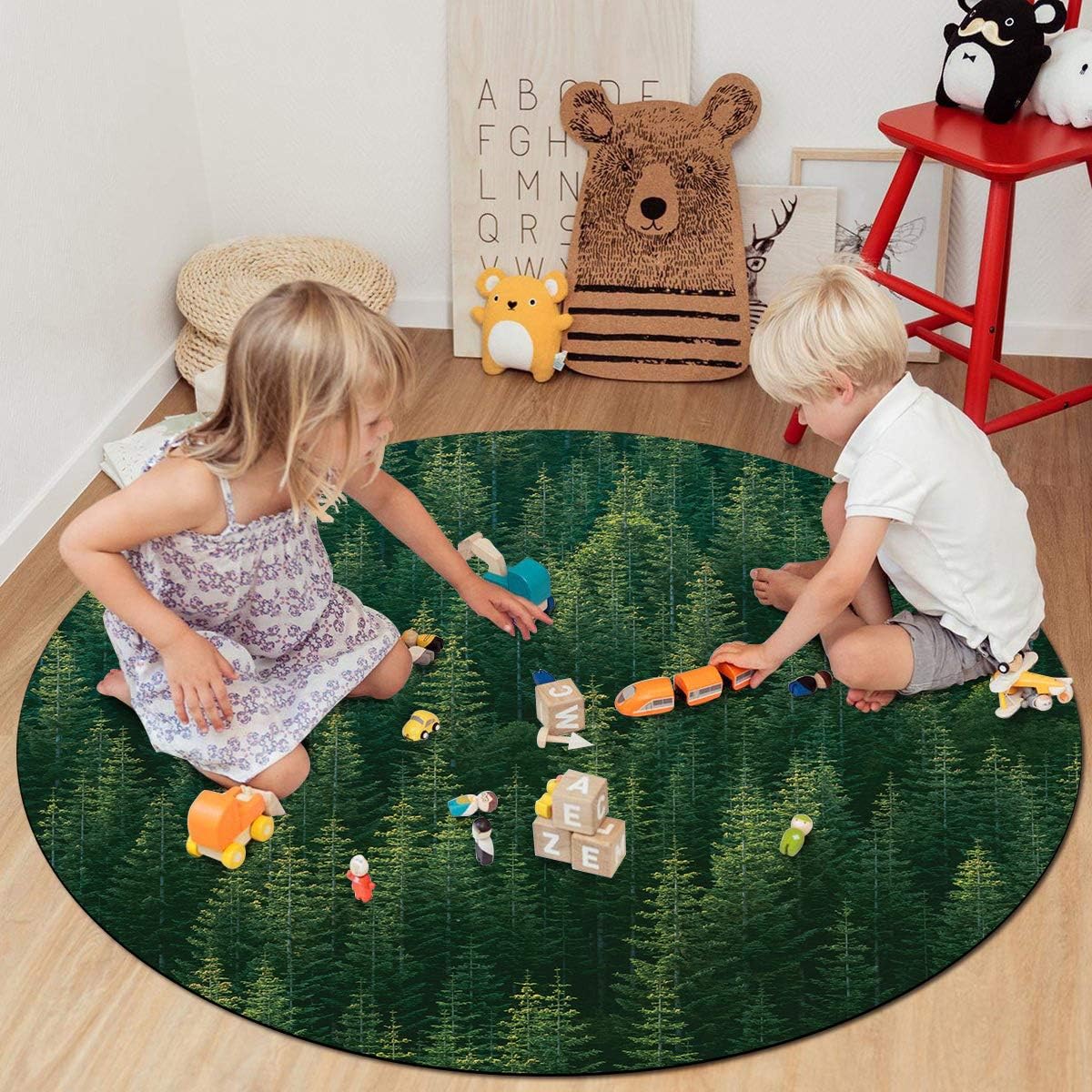 Green Forest Tree Area Rug Round Rugs 5ft, Nature Collection Area Runner Circle Rug (Non-Slip) Carpets Kids Living Room Bedroom Indoor Outdoor Nursery Rugs Décor