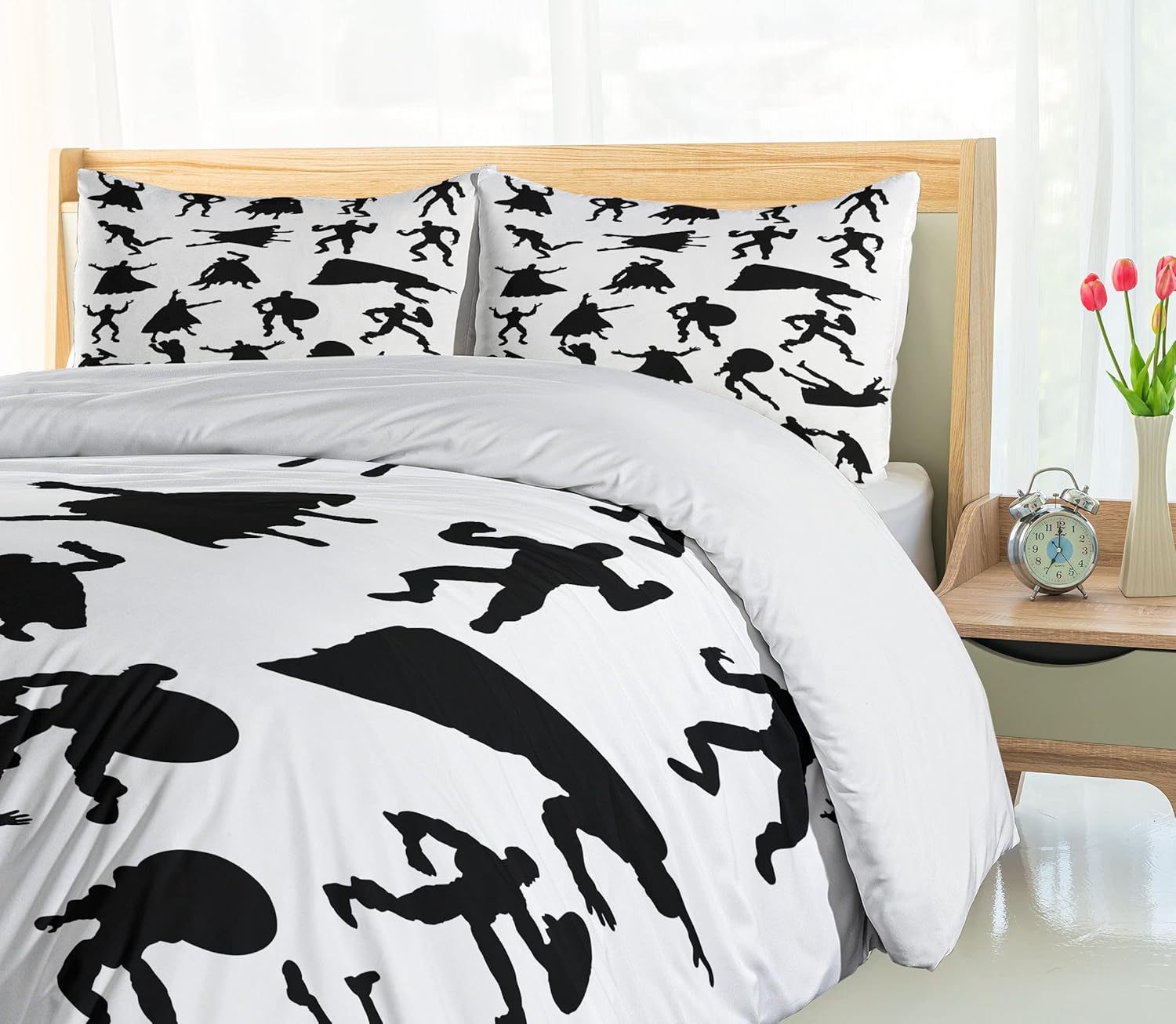 Ambesonne Superhero Duvet Cover Set, Hero Silhouettes in Different Moves Action Energy Conflict Struggle Illustration, Decorative 3 Piece Bedding Set with 2 Pillow Shams, Queen Size, Black White Queen Black White