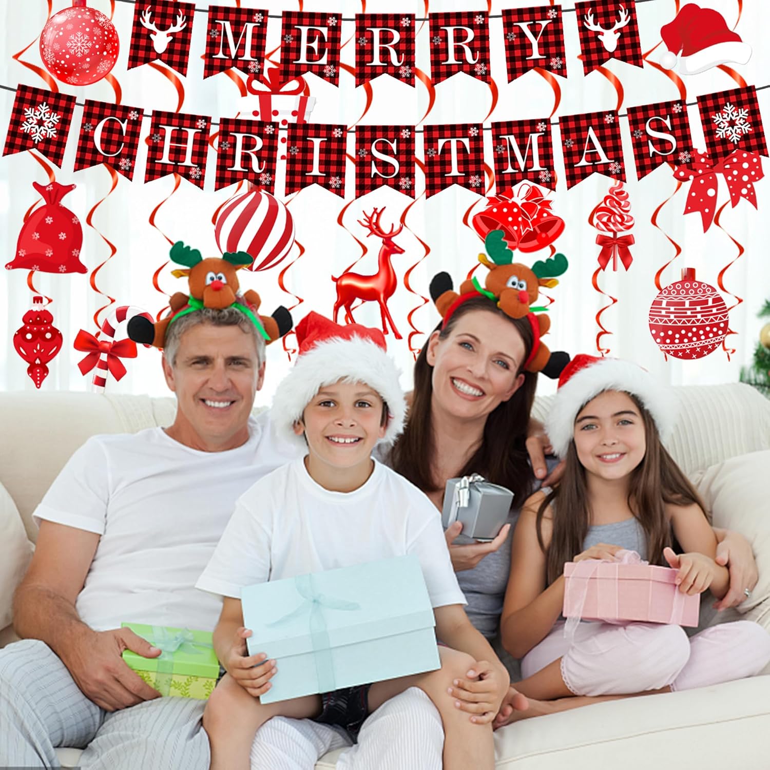 Christmas Ceiling Decorations Indoor Christmas Hanging Foil Swirl Decorations Merry Christmas Banner Bunting Candy Bell Reindeer Ceiling Wall Window Decorations for Christmas Holiday Party Supplies