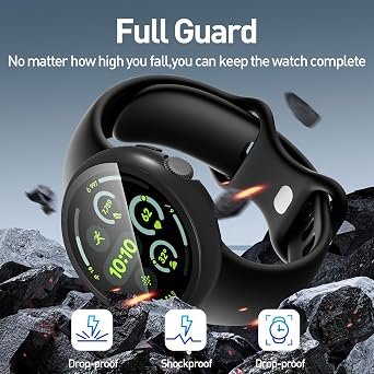 Diruite 2-Packs Screen Protector for Google Pixel Watch 3 45mm Tempered Glass Case All Around Hard PC Protective,Black&Black