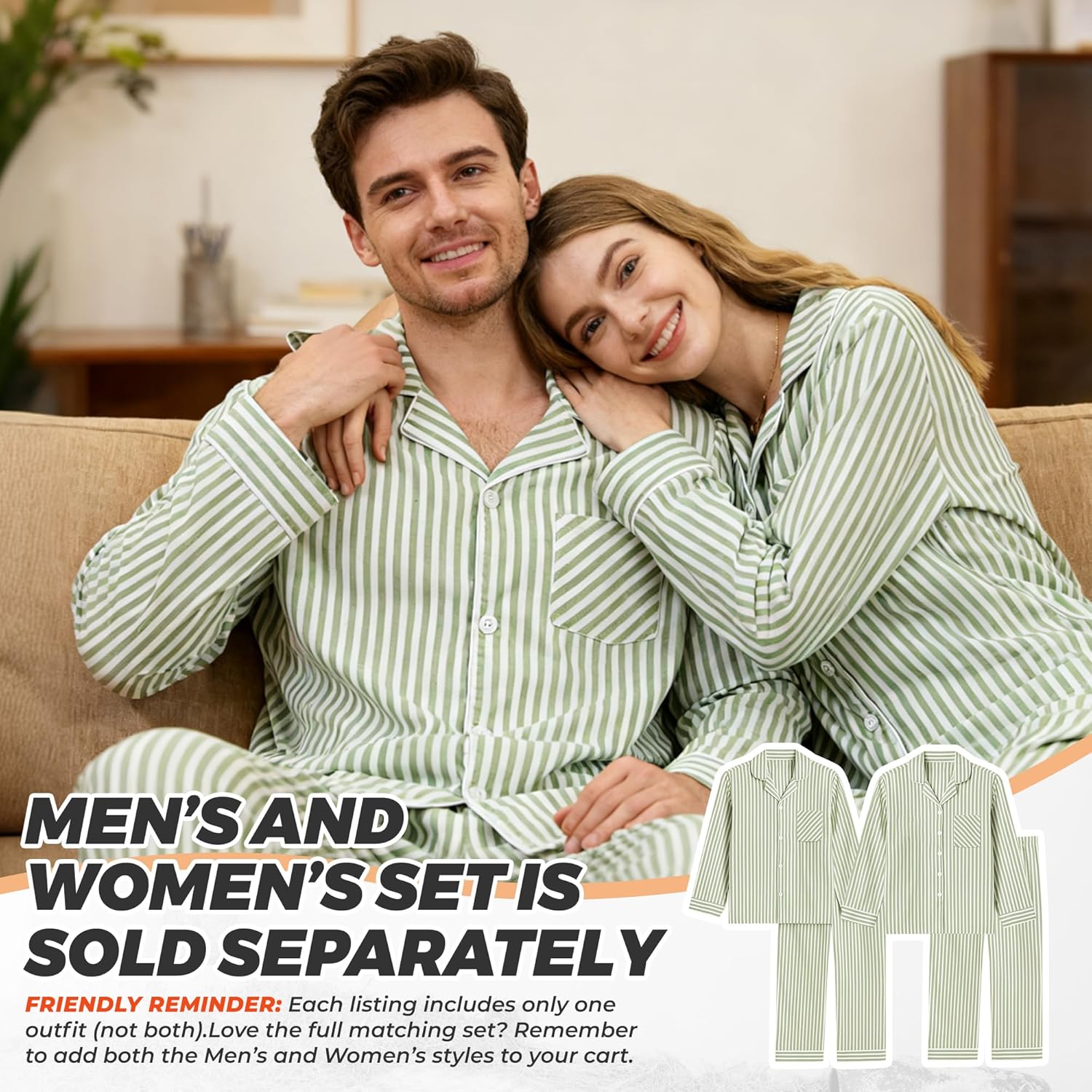 U2SKIIN Couple Pajama Sets, Soft Cotton Button-Down Striped Pajamas for Men and Women Long Sleeve Sleepwear with Pockets - Image 4