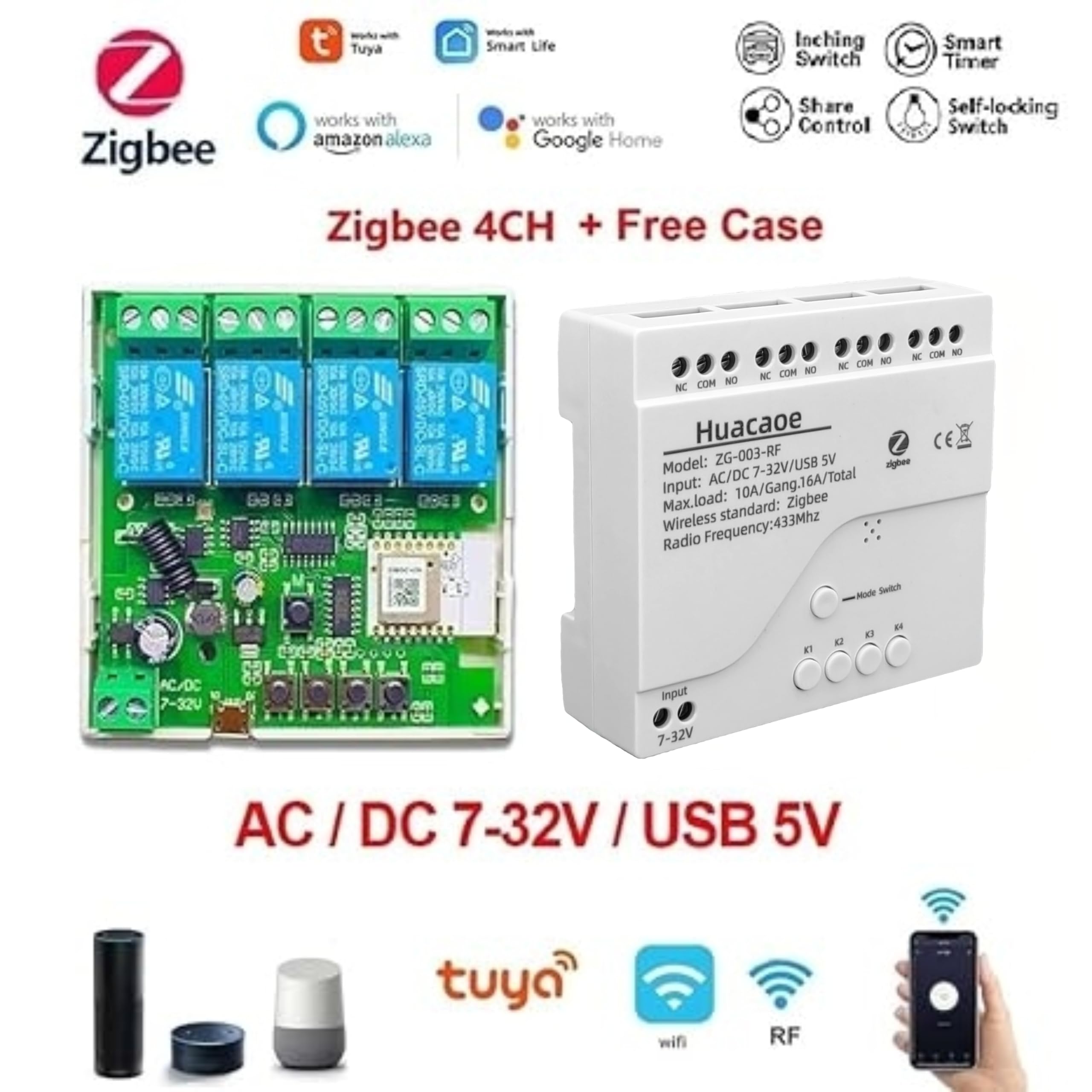 Zigbee 4CH DC7-32V USB 5V modulo interruttore relè intelligente, telecomando senza fili APP con modalità Inching/Self-Lock/Interlock, funziona con Tuya Zigbee Gateway, Alexa, Google Home (richiesto