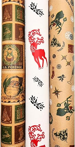 Miniatura 3 de K-Kraft Hecho en Estados Unidos, estampado de Navidad vintage en papel de estraza marrón retro, perfecto para regalos y paquetes de vacaciones (3